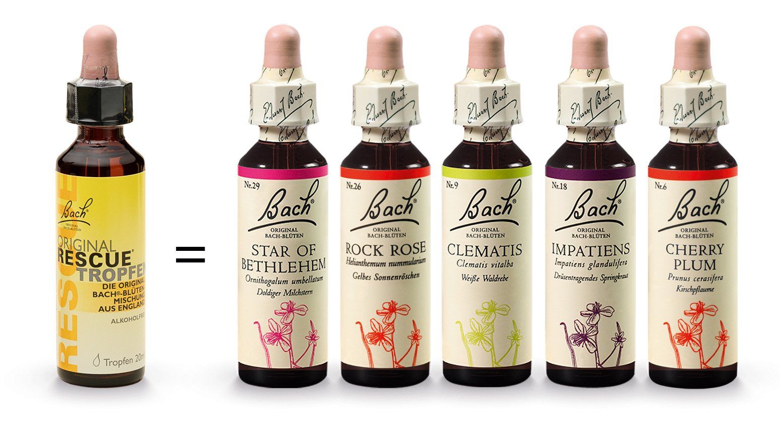 Bach Rescue Blütenmischung bestehend aus Star of Bethlehem, Rock Rose, Clematis, Impatiens und Cherry Plum