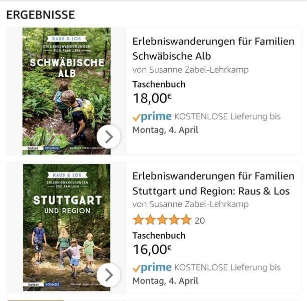 Ein Screenshot der Bewertung des Wanderführers auf Amazon. Das eine Buch hat noch keine Bewertungen, das andere 20 5 Sterne Bewertungen.