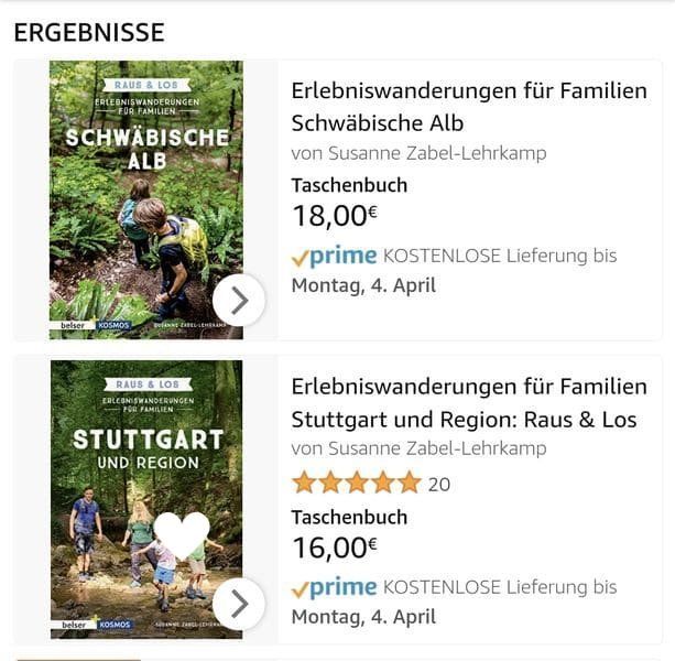Ein Screenshot der Bewertung des Wanderführers auf Amazon. Das eine Buch hat noch keine Bewertungen, das andere 20 5 Sterne Bewertungen.