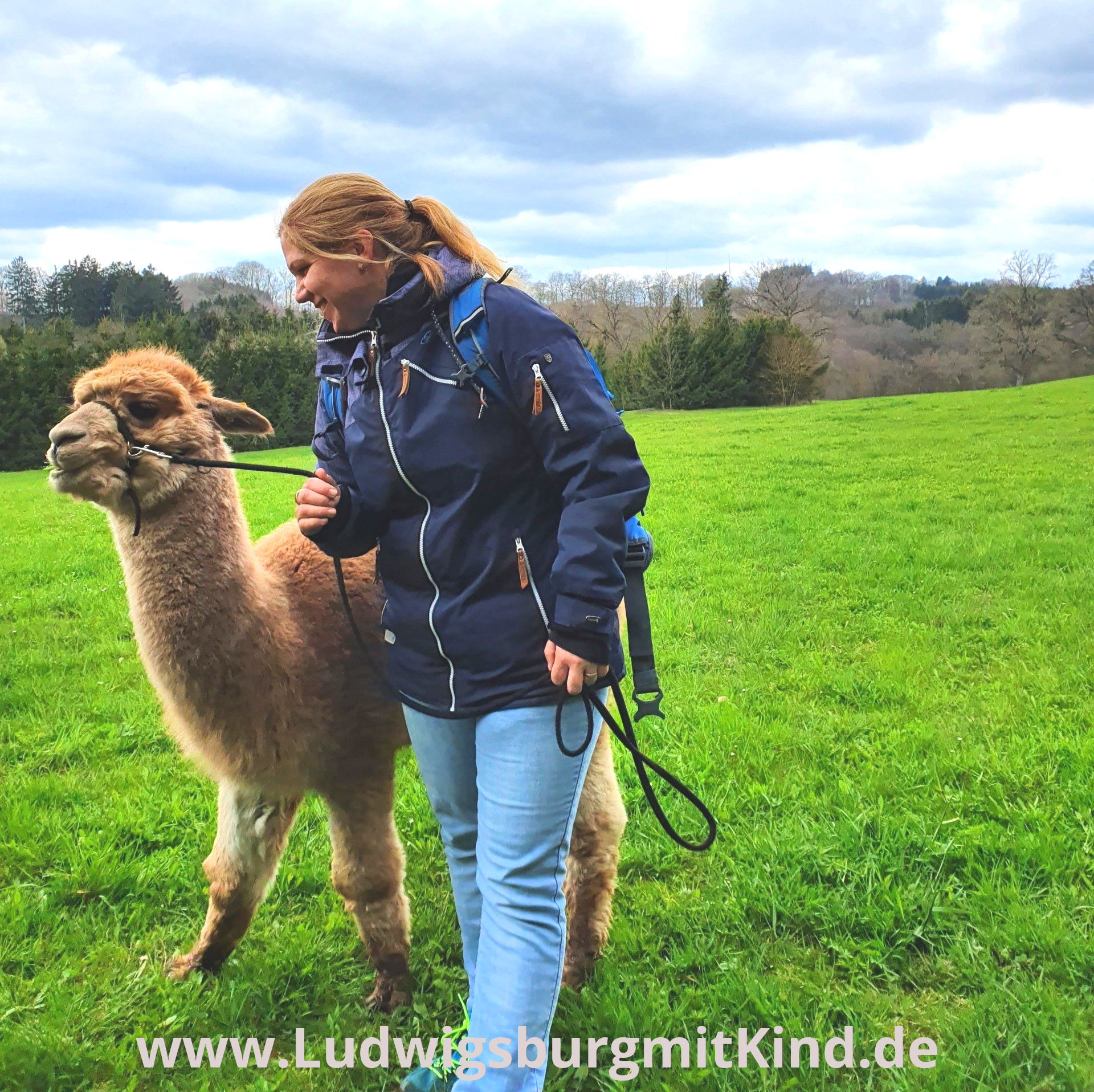 Bei einer Alpaka Wanderung auf der schwäbischen Alb hält Susanne ein helles Alpaka am Zügel.