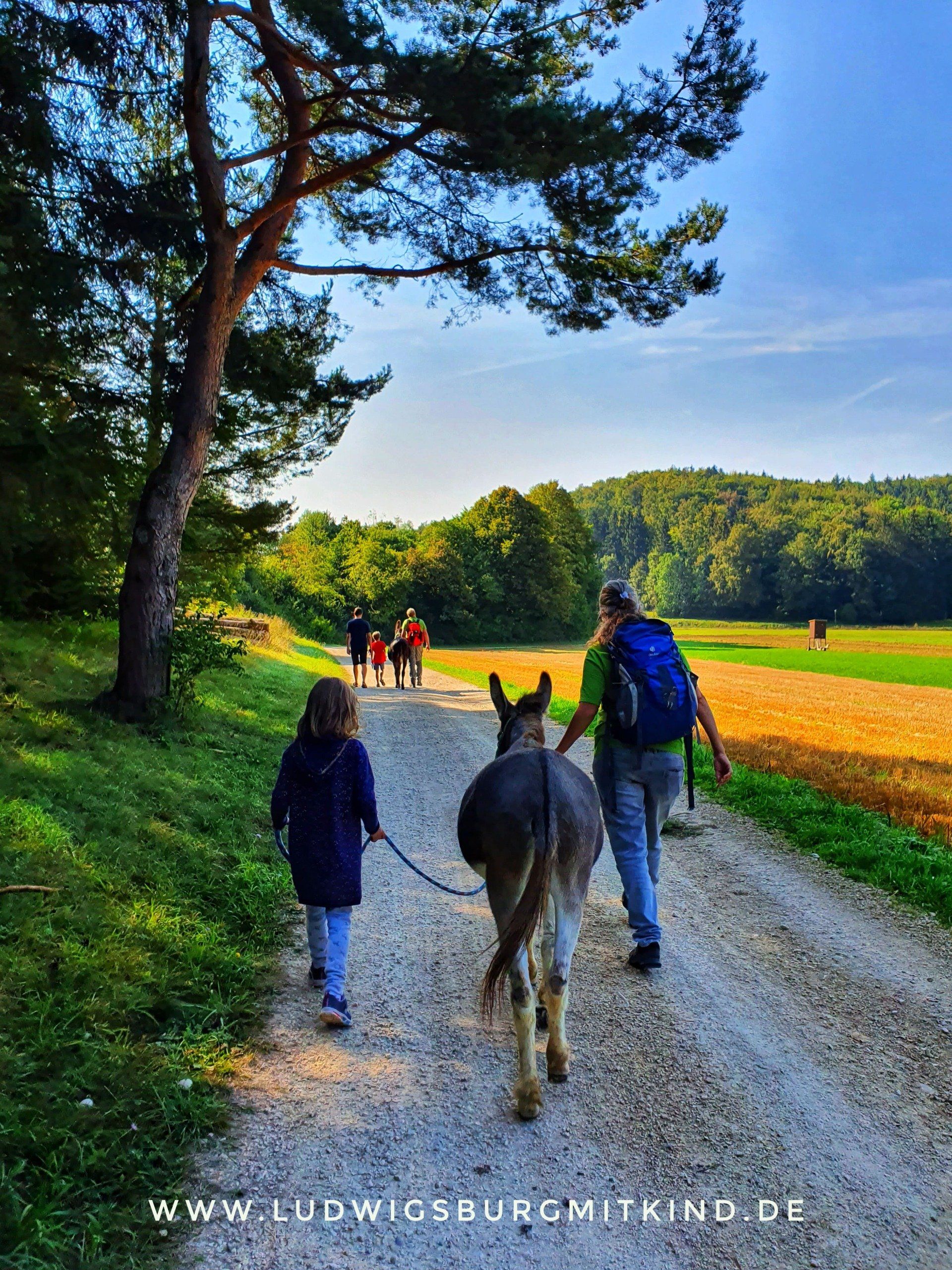 Ein Mädchen führt einen Esel am Strick, Mama wandert nebenher.