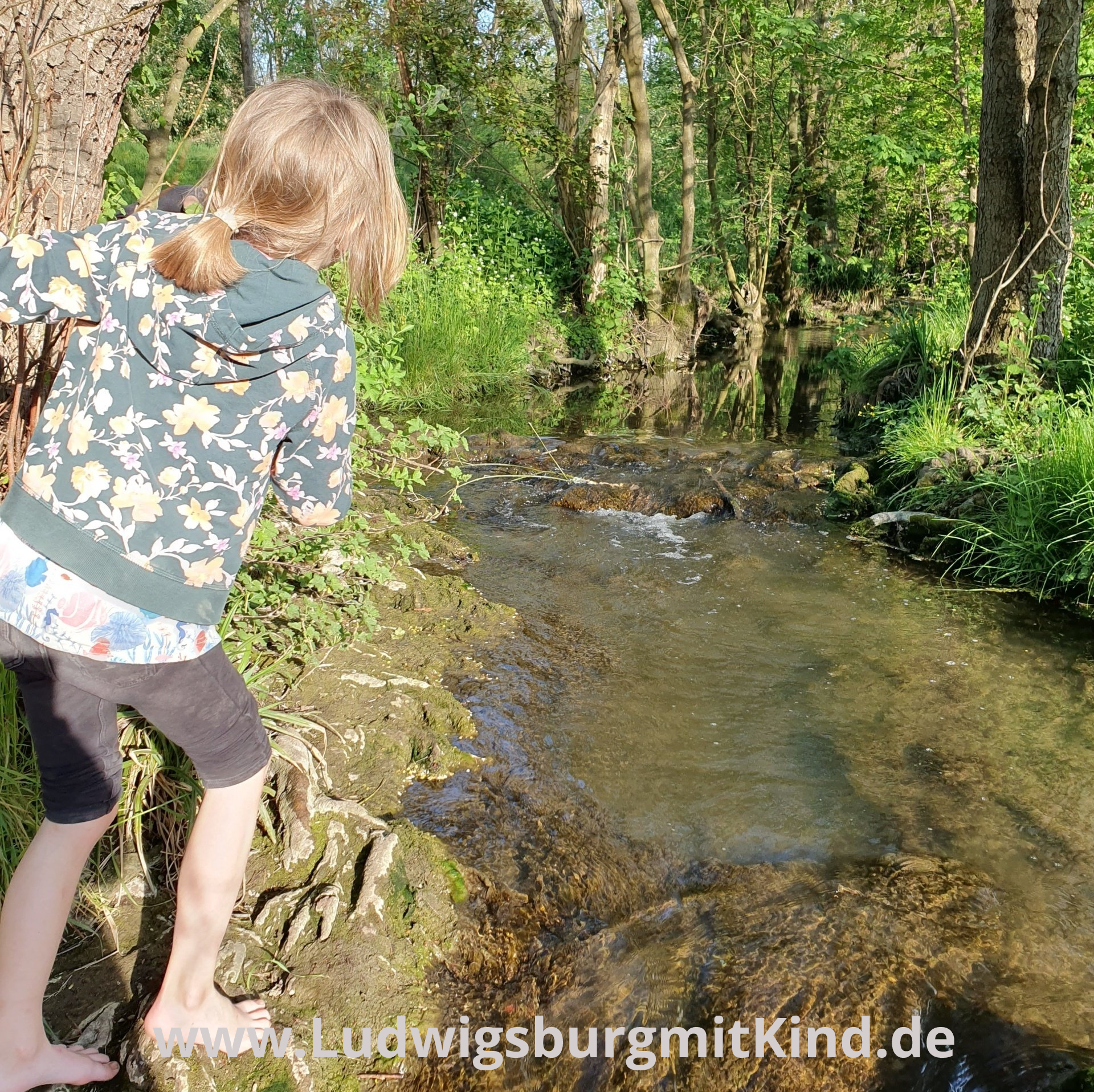 Ein Mädchen klettert barfuß bei einer Familienwanderung im  Leudelsbachtal im Bach.