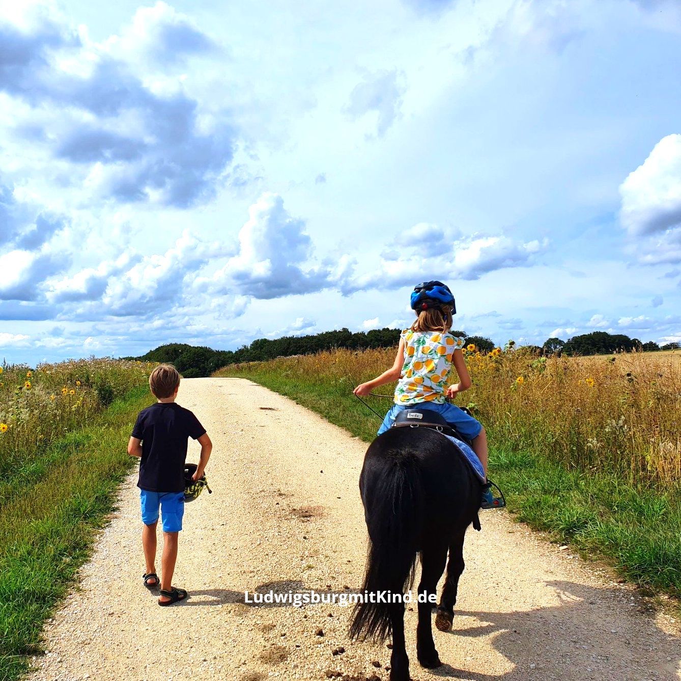 Kinder reiten auf einem Pony, ein  anderes spaziert daneben auf der Schwäbischen Alb.