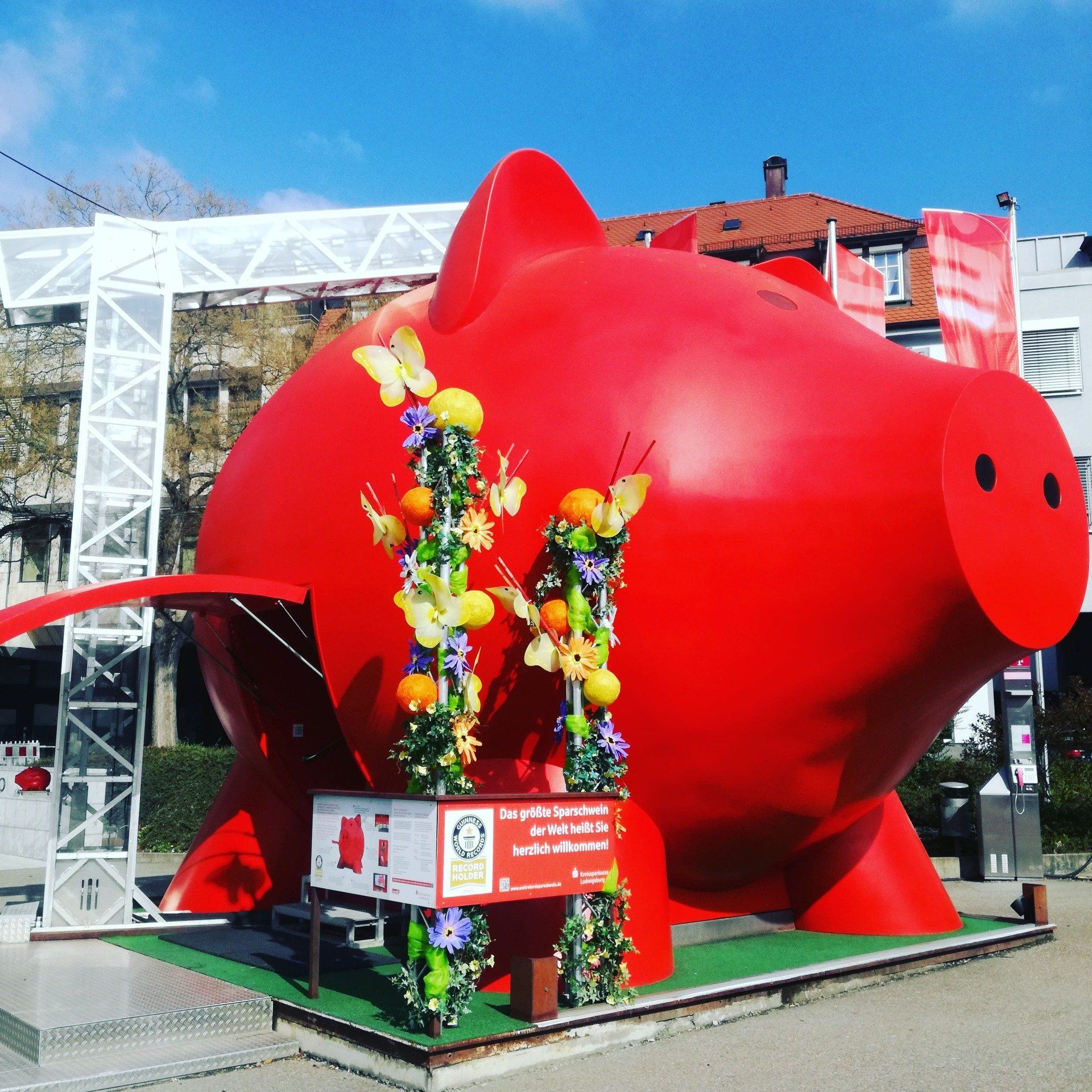 Das weltgrößte Sparschwein der Welt mit Blumenschmuck vor der Sparkasse in Ludwisgburg