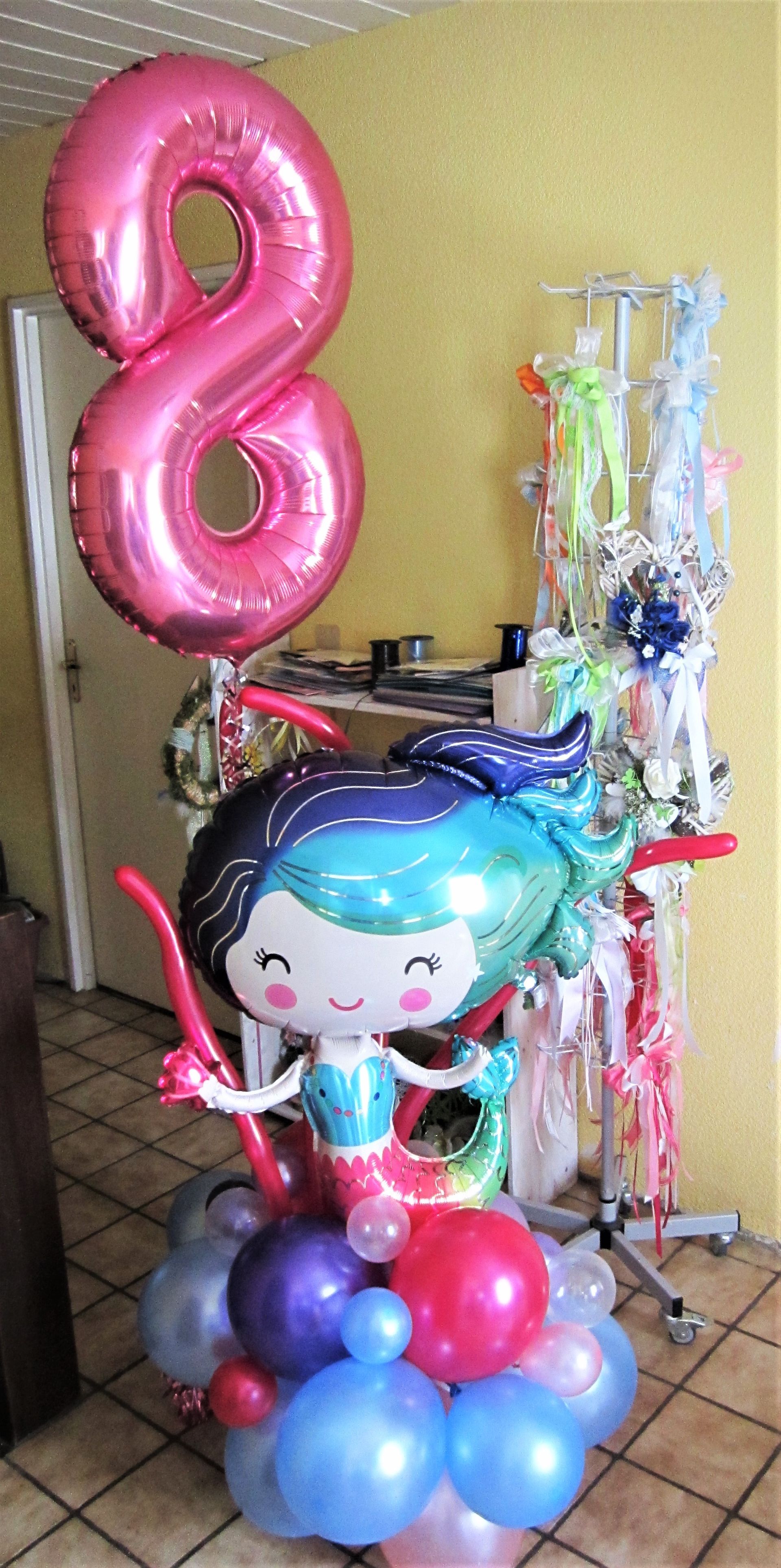 Ballonarrangement, Folienballon Meerjungfrau, Folienballonzahl, Folienballons, Latexballons, Luftballons, Ballons Worms