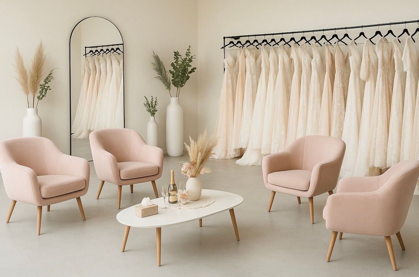 Stilvoll eingerichteter Brautlounge-Bereich mit zarten Rosé-Sesseln, weißen Vasen mit Pampasgras und einem eleganten Tischarrangement – umgeben von einer Auswahl traumhafter Brautkleider in sanften Creme- und Blushtönen. Diese edle Atmosphäre spiegelt die besondere Handschrift von AMORELY wider – einem exklusiven Anbieter für Brautmode nicht weit von Gelsenkirchen. Hier erleben Bräute eine ruhige, stilvolle Umgebung, in der die Wahl des Traumkleides zu einem unvergesslichen Moment wird.