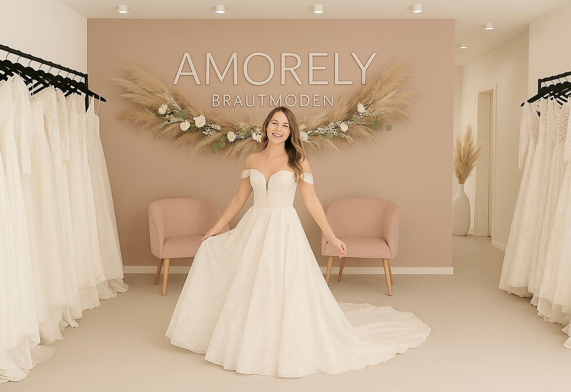 Junge Braut im ivoryfarbenen Brautkleid mit Carmen-Ausschnitt aus zarter französischer Spitze und langer Schleppe bei AMORELY Brautmoden in der Nähe von MÖNCHENGLADBACH. Umgeben von zahlreichen eleganten Brautkleidern in einem modernen, einladenden Ambiente mit rosafarbenen Sesseln, warmen Naturtönen und stilvoller Pampasgras-Dekoration.