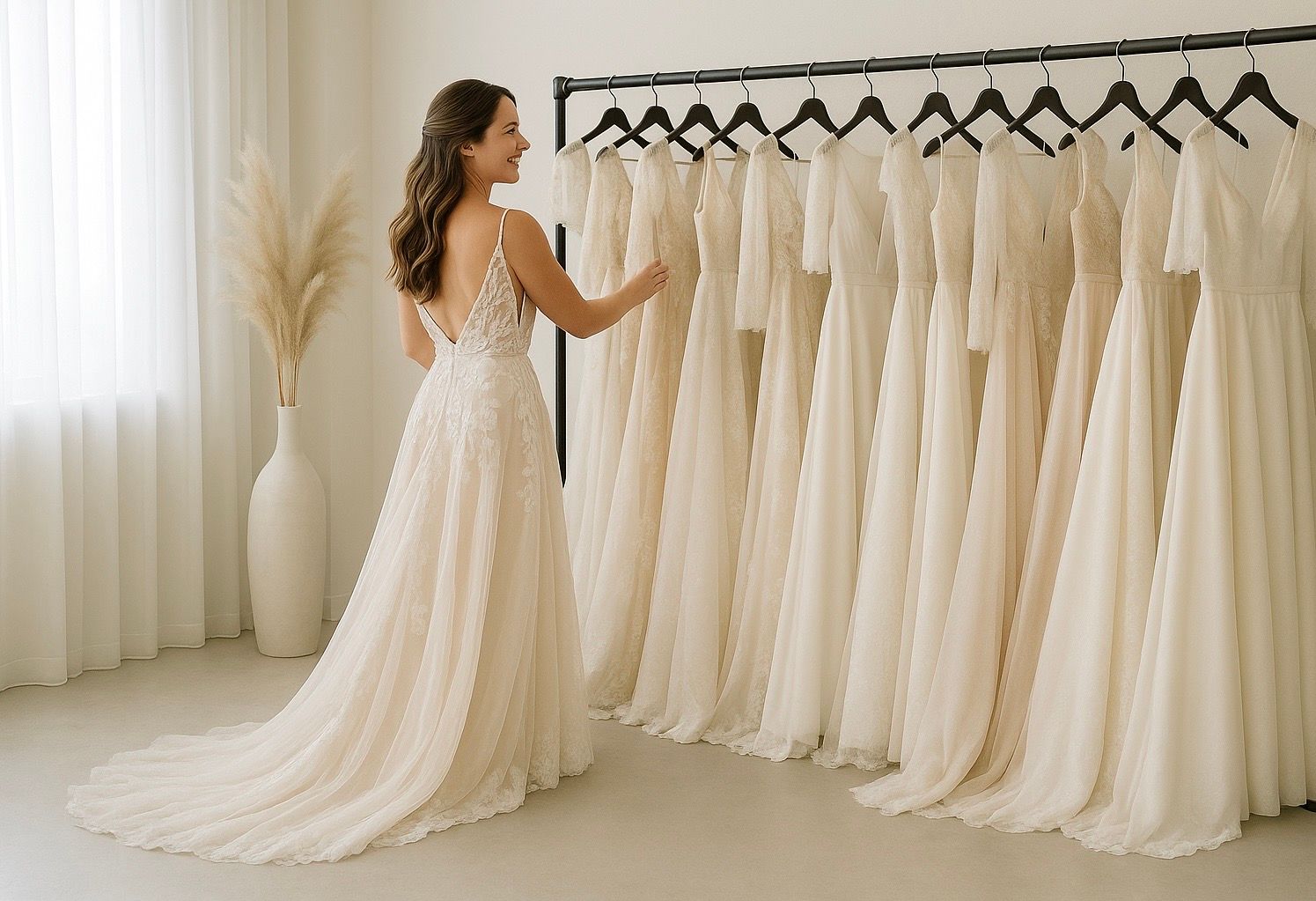 Junge Braut im ivoryfarbenen Brautkleid mit Carmen-Ausschnitt aus zarter französischer Spitze und langer Schleppe bei AMORELY Brautmoden Velbert und Wuppertal. Umgeben von zahlreichen eleganten Brautkleidern in einem modernen, einladenden Ambiente mit rosafarbenen Sesseln, warmen Naturtönen und stilvoller Pampasgras-Dekoration.