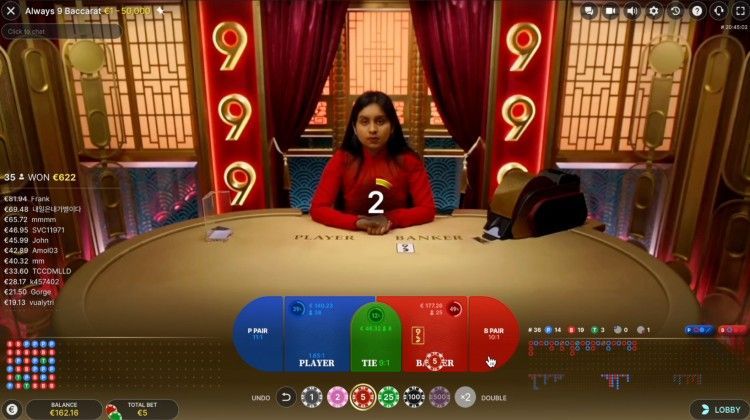Always 9 Baccarat : la nouvelle variante de baccarat avec croupier en direct signée Evolution.