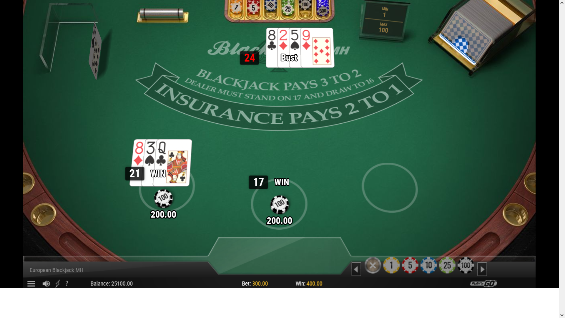 jeu de black jack en ligne : European Blackjack MH développeur Play'n GO