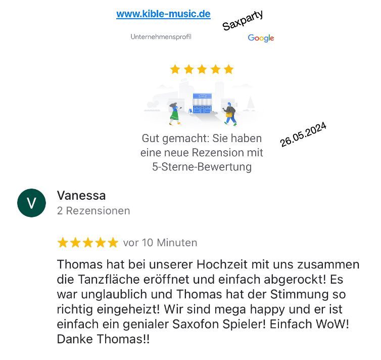 Rezension Saxparty Saxparty - Google Rezension - Bewertung 5 Sterne Hochzeit abgerockt
