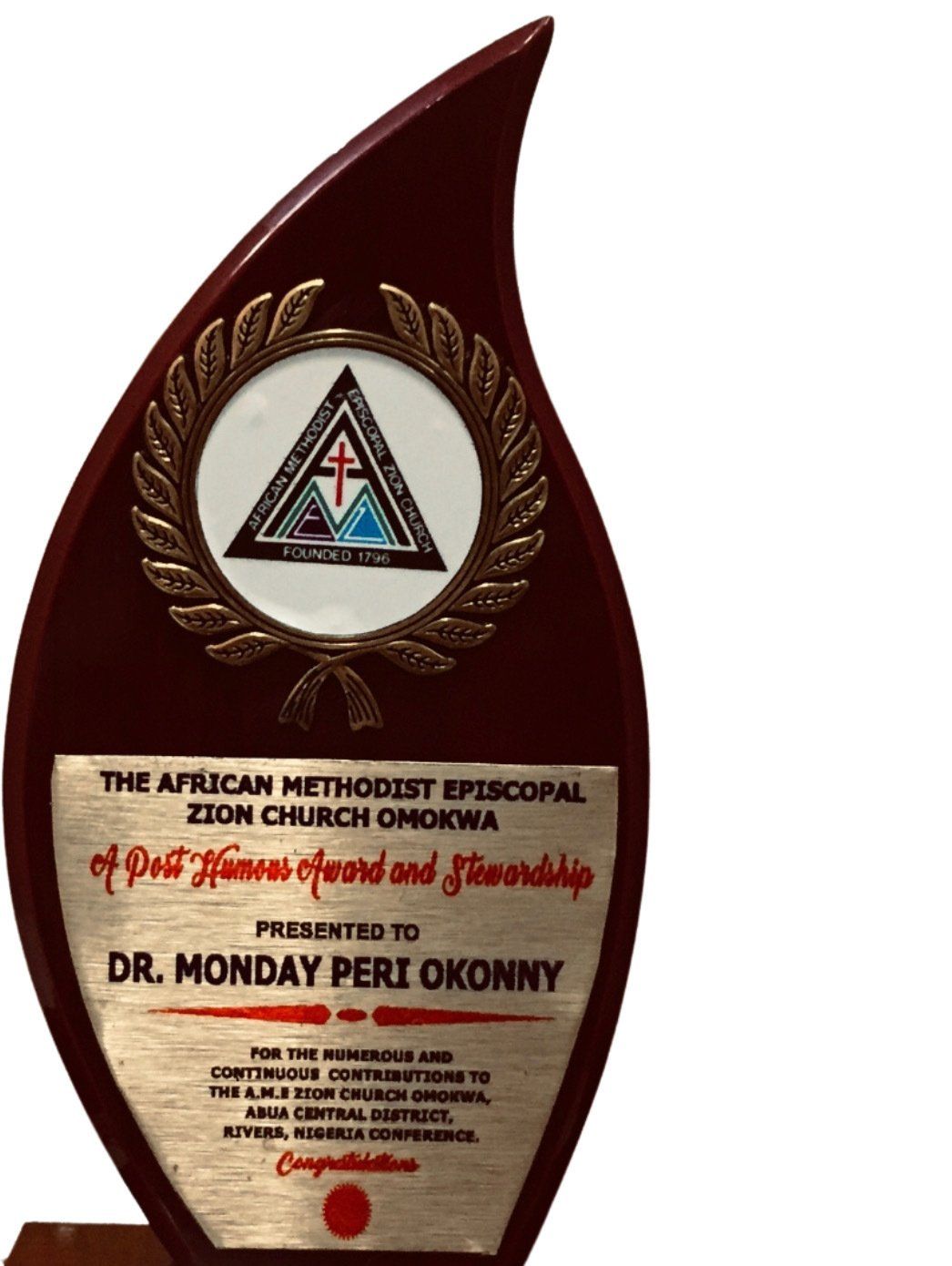 Dr Okonny A.M.E Zion Church Posthumous award