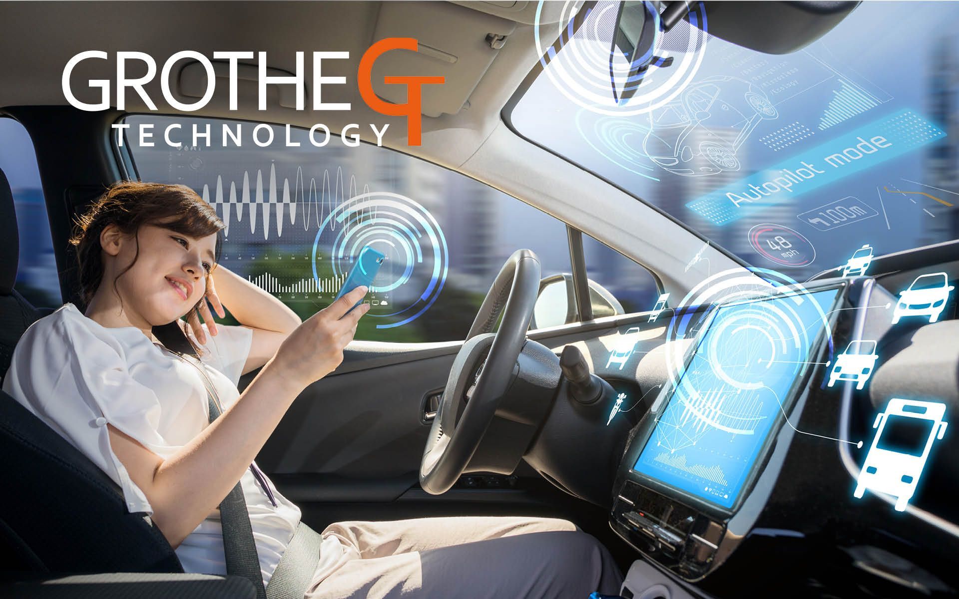 Autonomes Fahren, Selbstfahrendes Auto, Autopilot, Frau im Auto, Digitale Cockpit, Technologie
