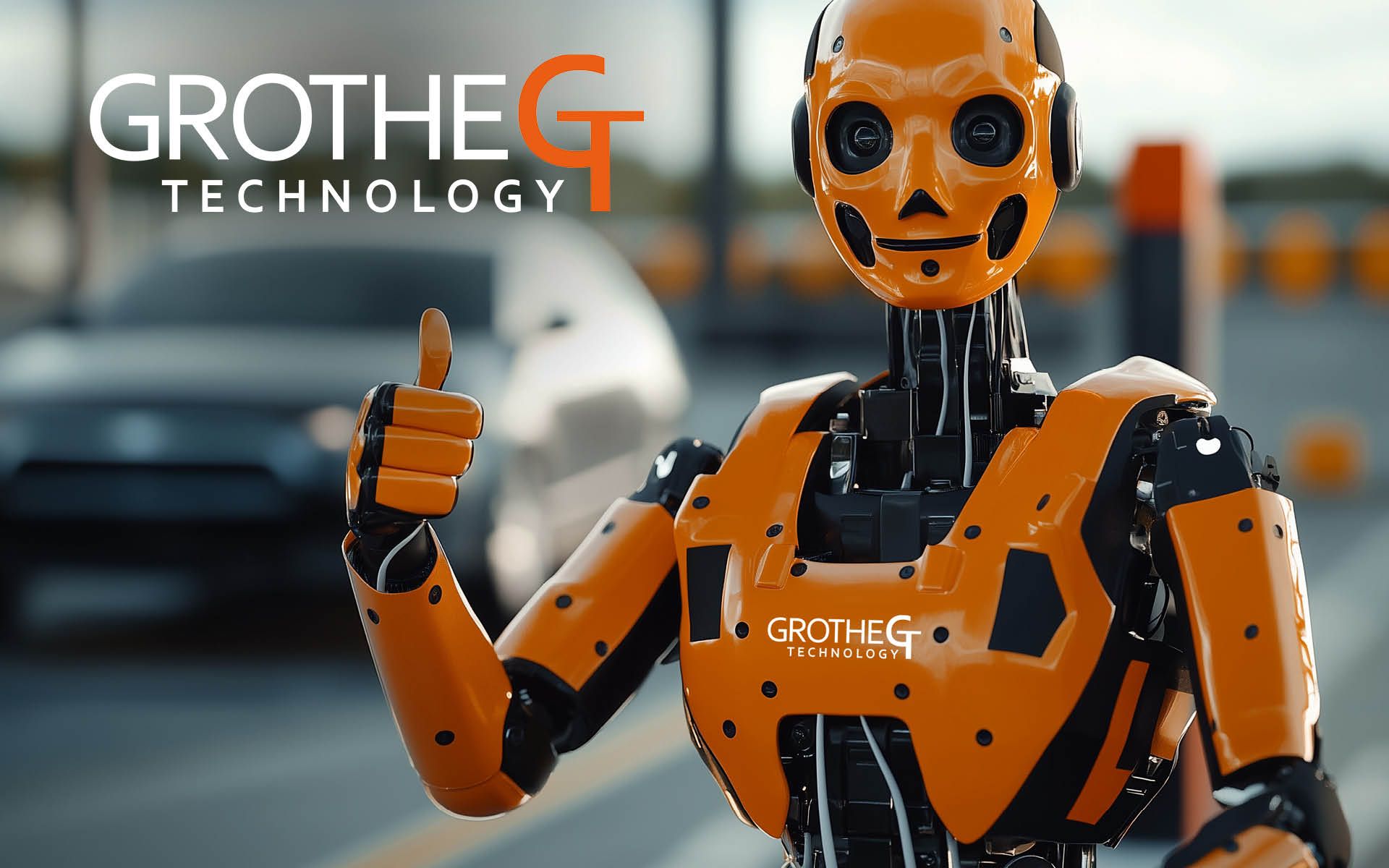 Grothe Technology Roboter mit Logo, symbolisiert Fortschritt und Integration in der Touristik.