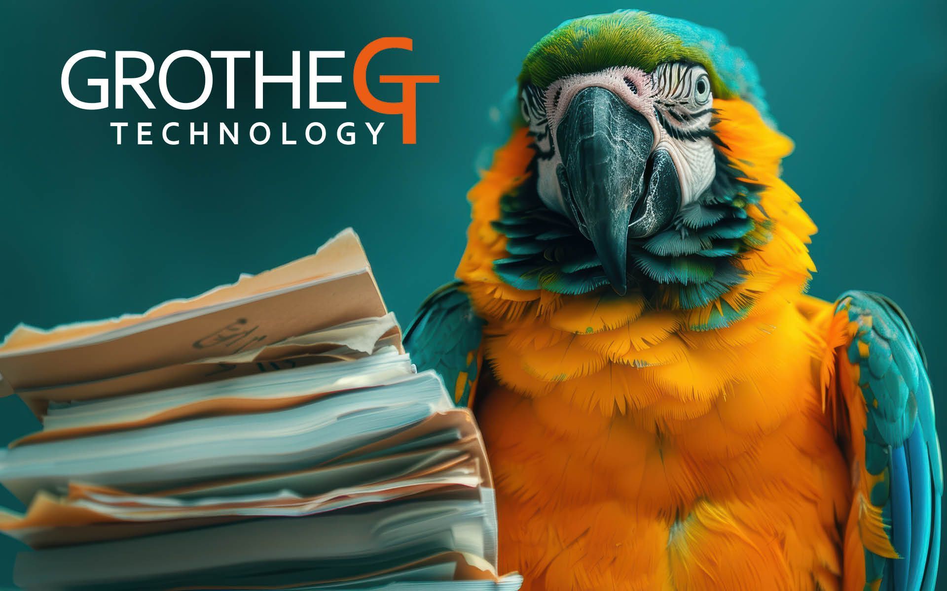 Ein bunter Ara-Papagei sitzt neben einem Stapel alter, abgegriffener Aktenordner. Im Hintergrund ist