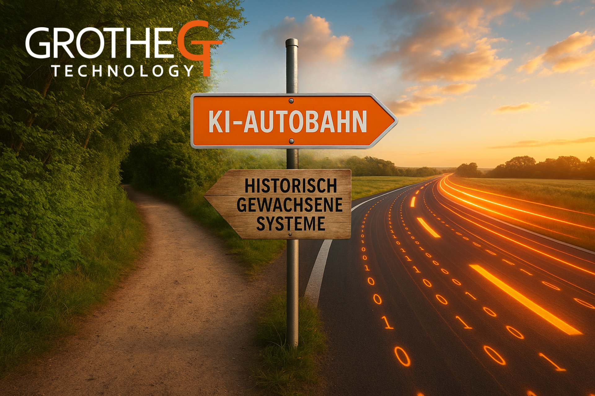 Wegweiser zwischen „Historisch gewachsenen Systemen“ (Feldweg) und „KI-Autobahn“ (Datenstrom). Groth