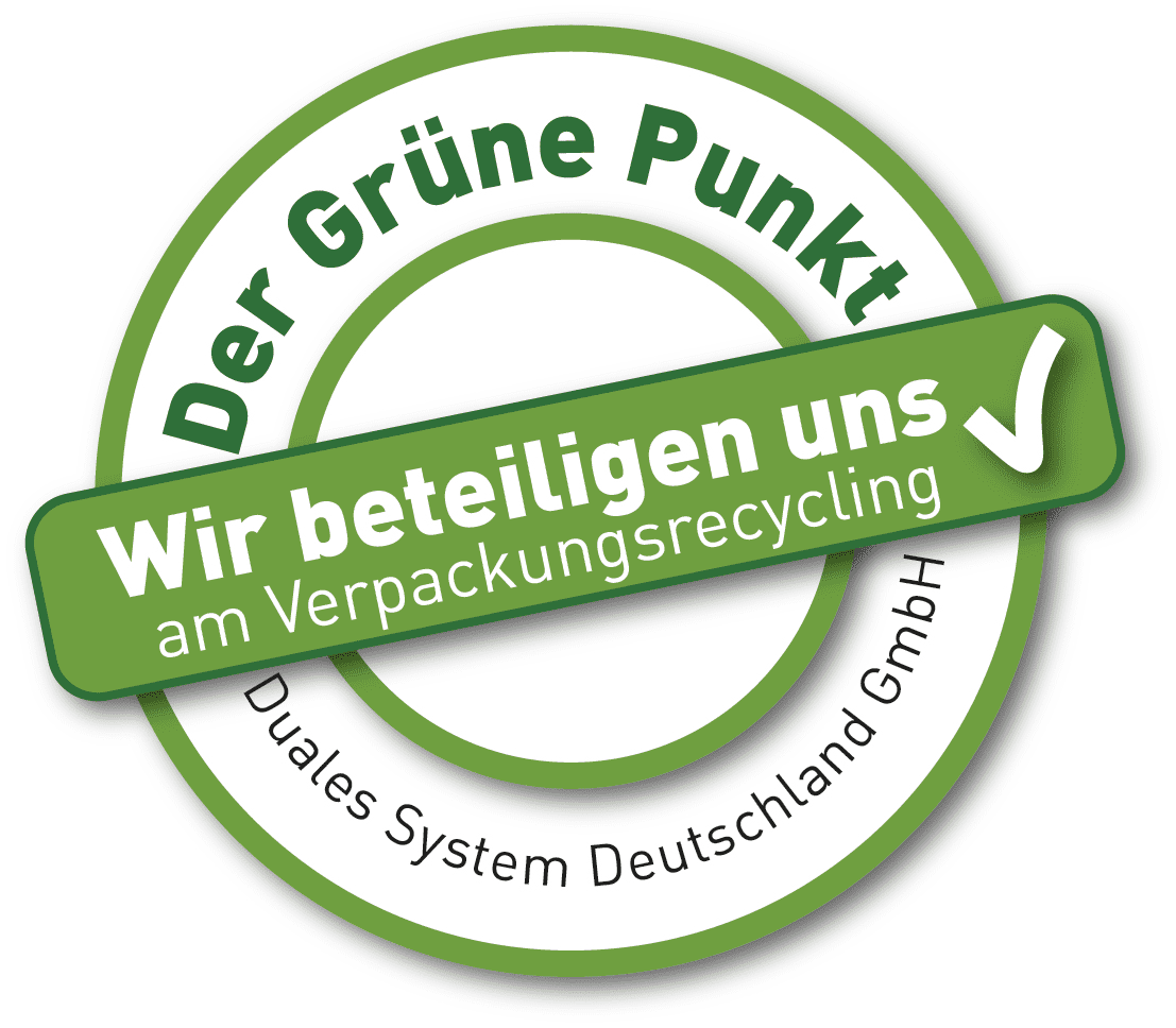 *Mit diesem Logo möchten wir zeigen, dass wir Kunde beim Grünen Punkt sind, und damit unseren Pflichten zur Systembeteiligung nach dem Verpackungsgesetz nachkommen.