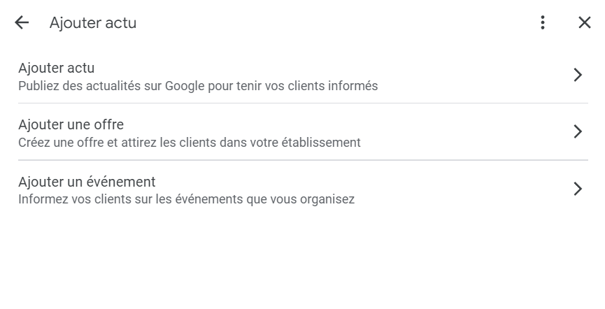 3 types de Google Posts 3 types de Google Posts : actu, offre et événement