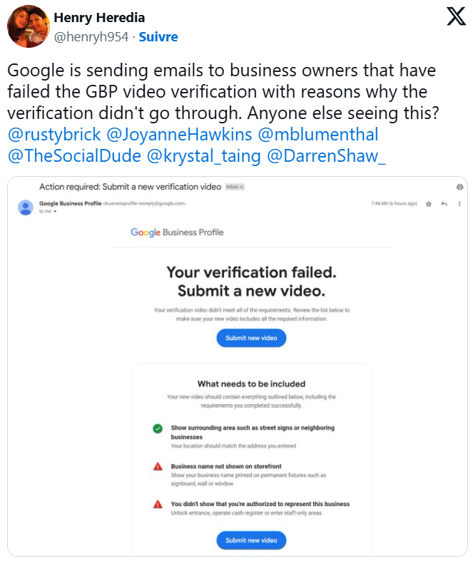 Google envoie e mail pour expliquer raisons du refus Google envoie e mail pour expliquer raisons du refus de la validation par video