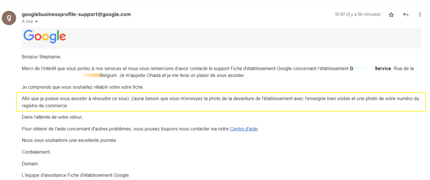 Demande de réintégration de fiche Google Demande de réintégration de fiche Google