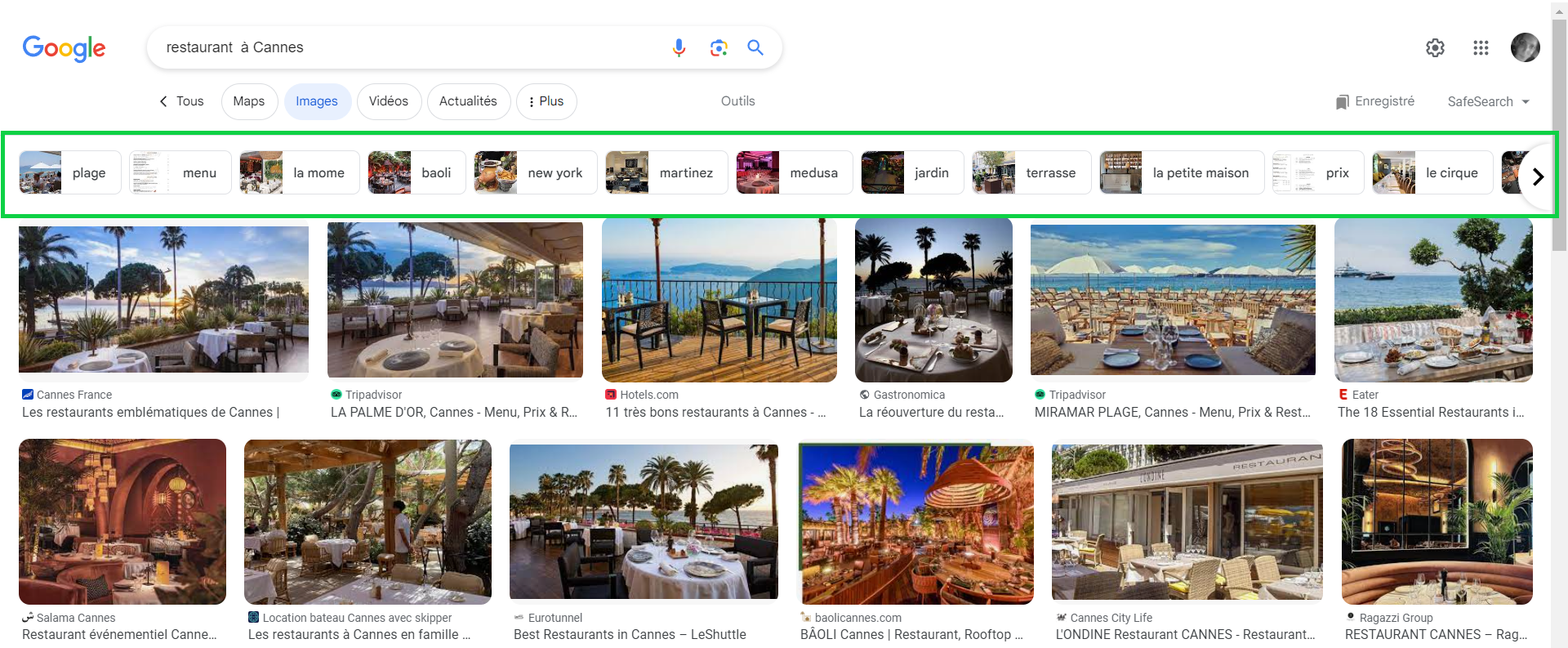 Modificateurs et entités sur Google Images modificateurs et entités associées à la requête cible restaurant à Cannes