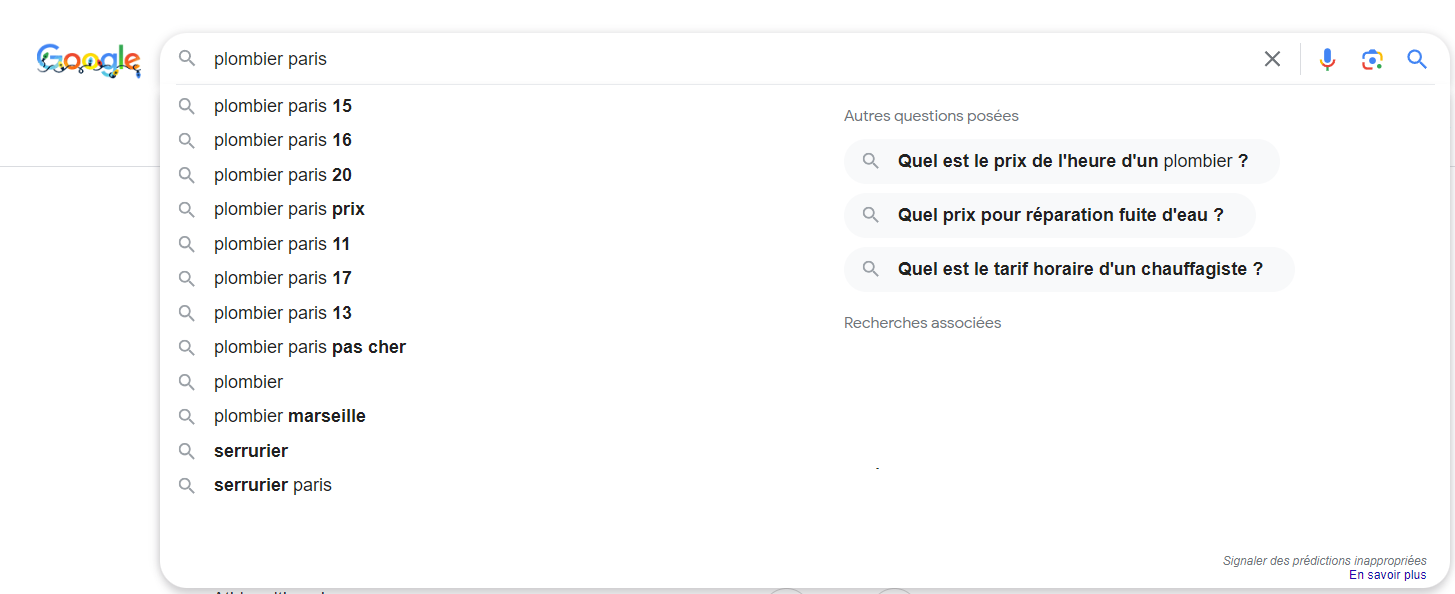 Google Suggest pour la requête plombier Paris