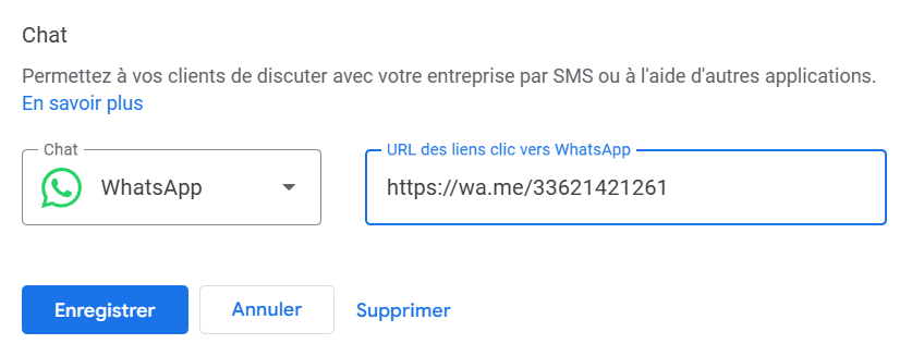 Intégrer URL WhatsApp Intégrer URL WhatsApp dans fiche d'établissement Google