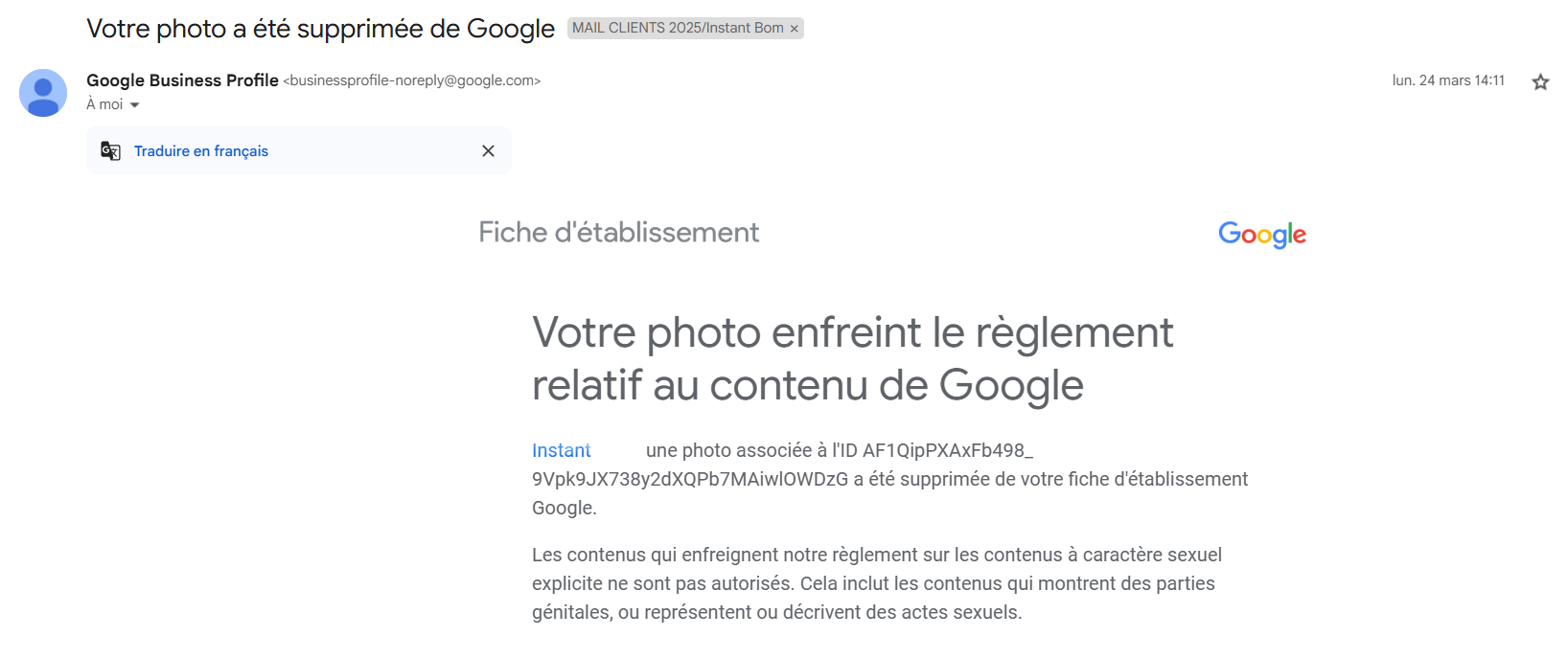 e-mails de Google, qui peuvent donner plus de détails et indiquer la règle spécifique enfreinte e-mails de Google, qui peuvent donner plus de détails et indiquer la règle spécifique enfreinte