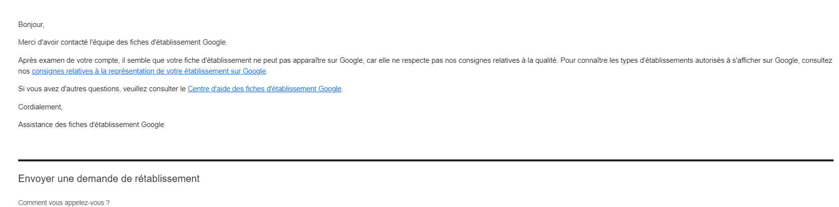 Mail de suspension de fiche Google My Business Mail de suspension de fiche Google My Business