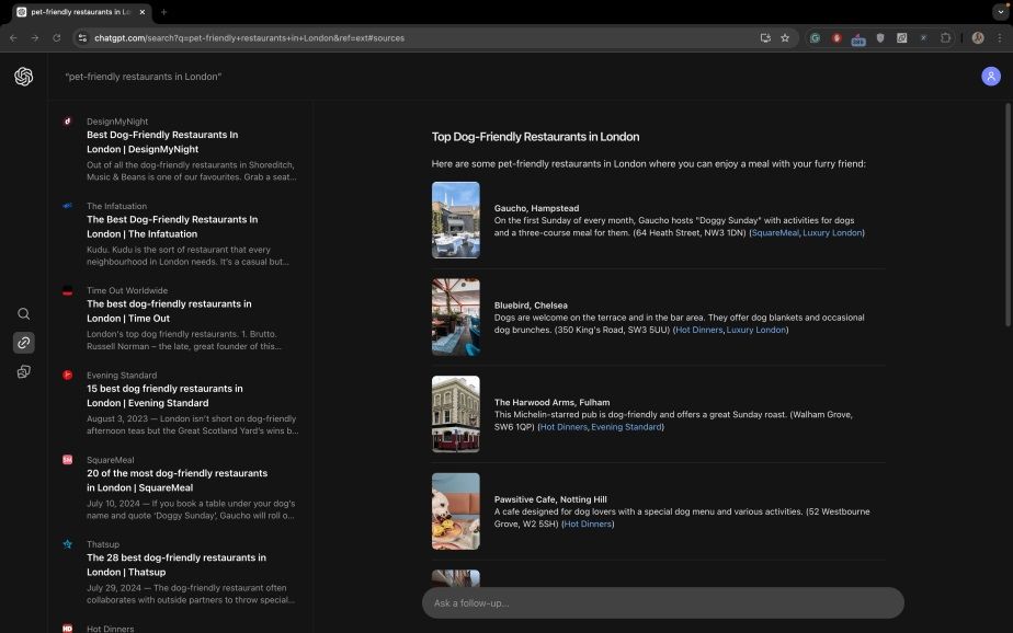 Exemple d'affichage de Search Gpt pour la requête « restaurants acceptant les animaux de compagnie à Londres » Exemple d'affichage de Search Gpt pour la requête « restaurants acceptant les animaux de compagnie à Londres »