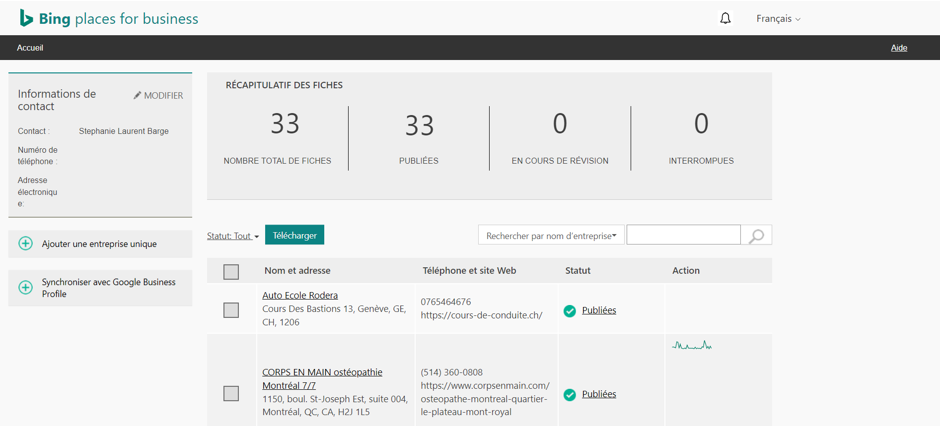 Tableau de bord Bing Places for Business Tableau de bord Bing Places for Business