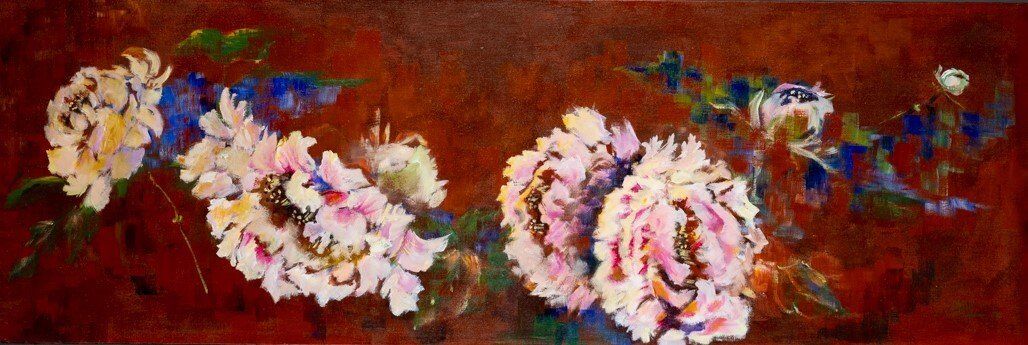 peinture acrylique rose sans épine pivoine japonisante