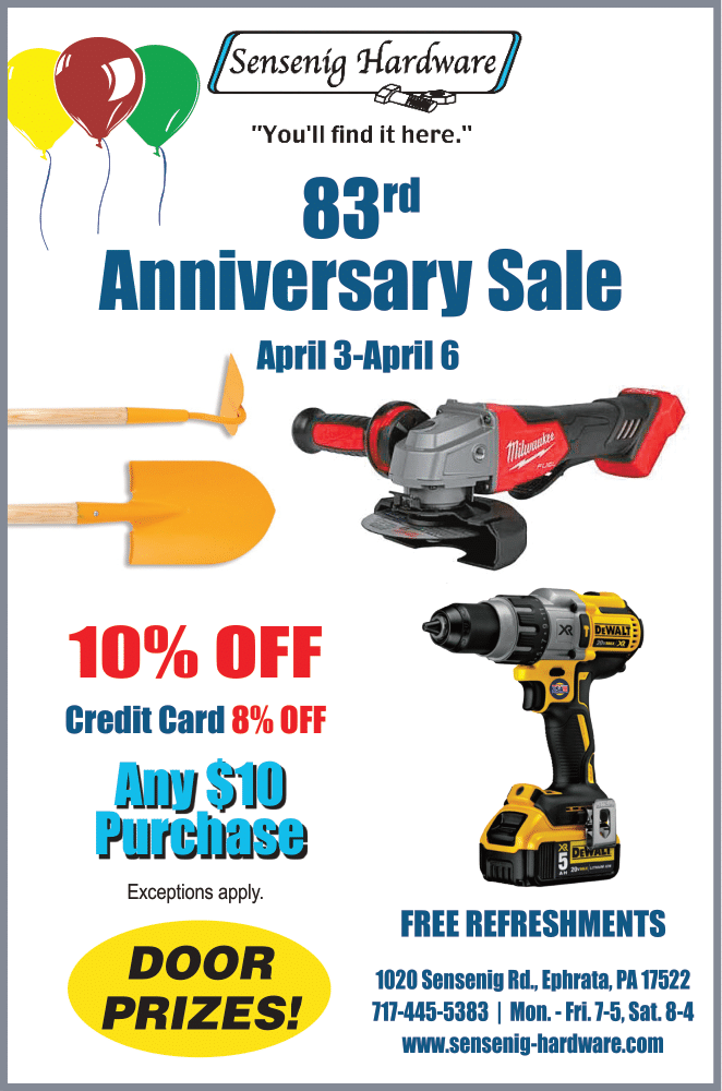83rd Anniversary Sale!  Save up to 10% off purchases in store, plus Door Prizes and more!  April 3-6, 2024.