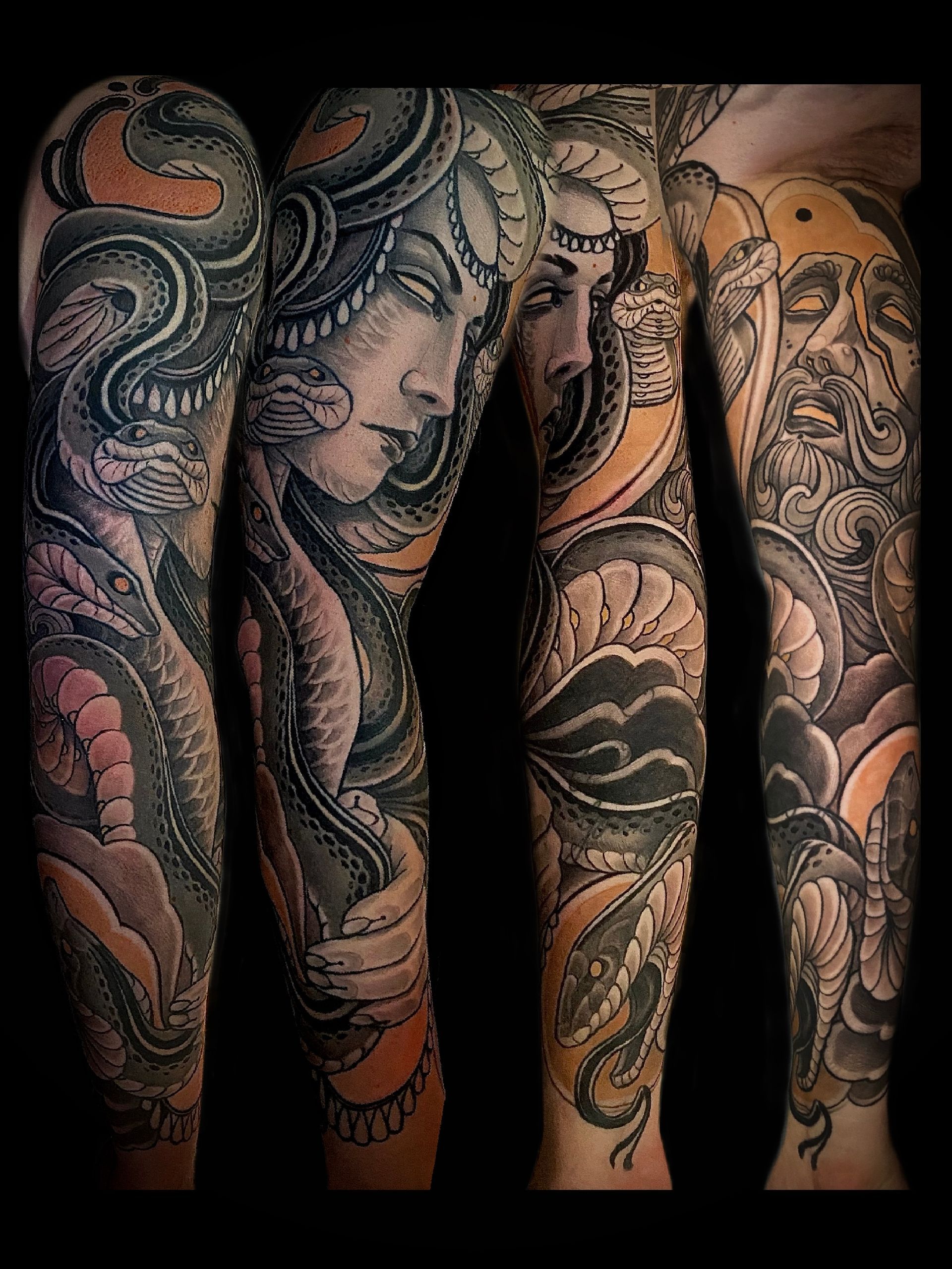 Medusa Sleeve Tattoo im neotraditional Stil.Tätowiert in Berlin Moabit von Tattoo Artist Patrick Schneider.