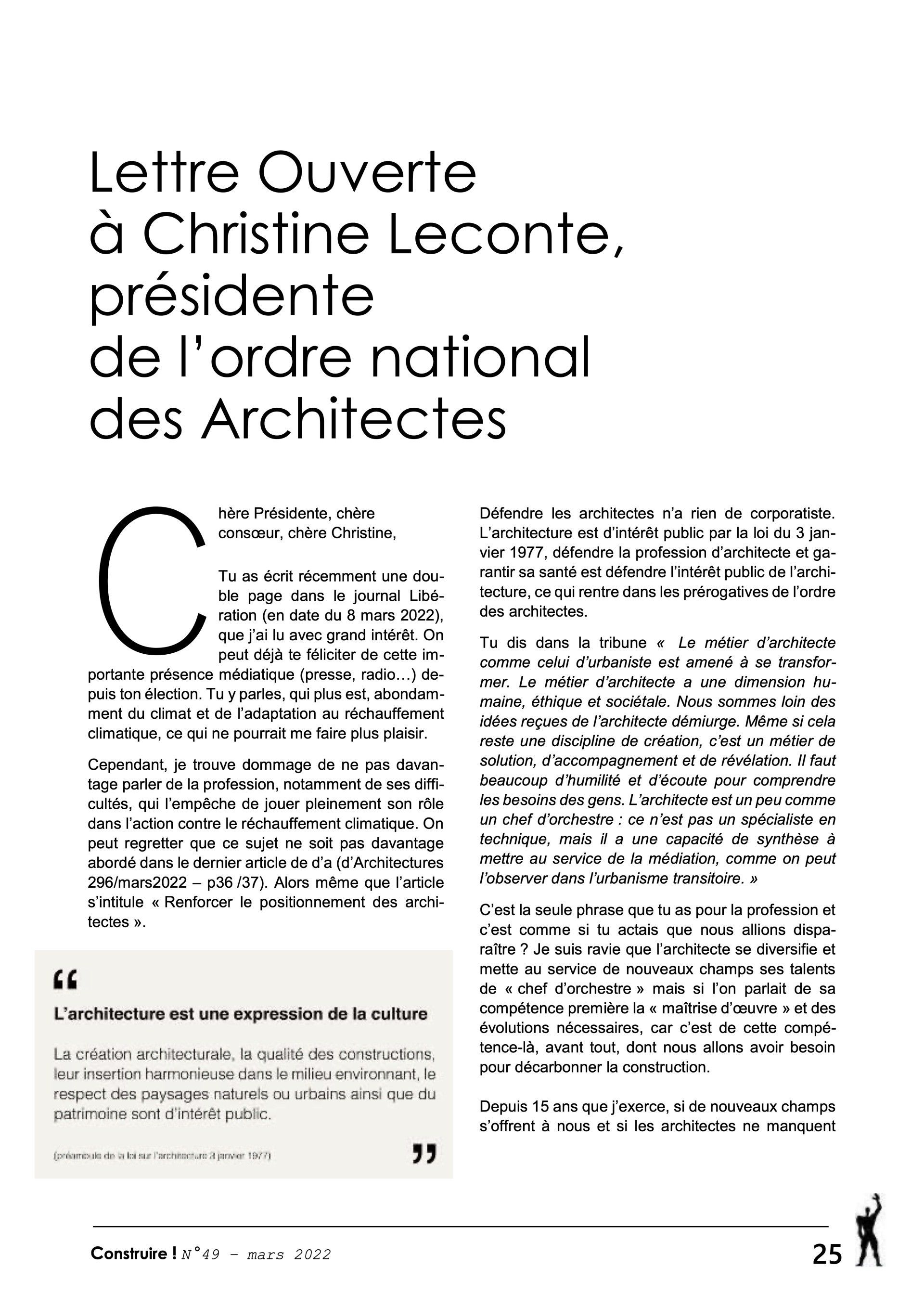 Publication | Lettre Ouverte à Christine Leconte, présidente de l'ordre national des Architectes