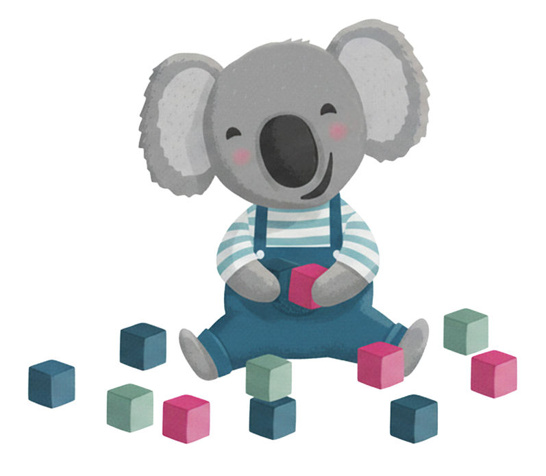 Koala sitzt am Boden und spielt mit bunten Bauklötzen