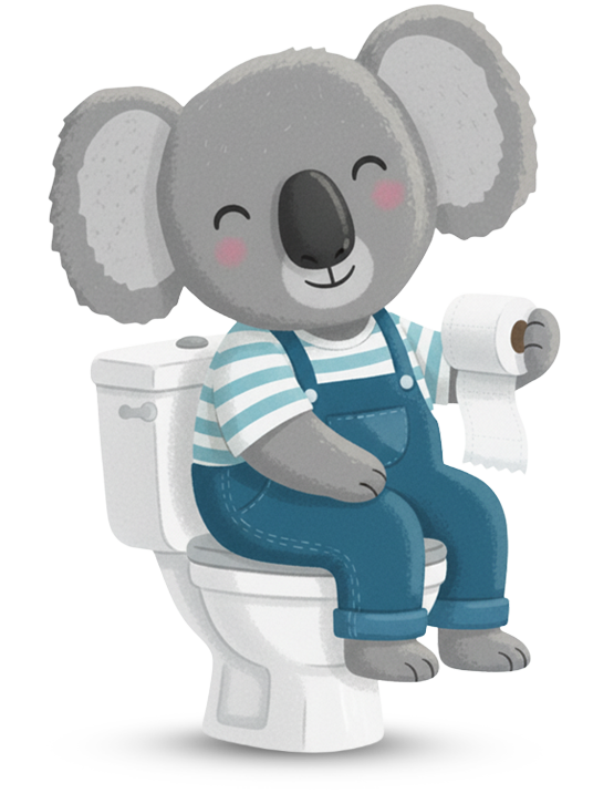 Koala sitzt lächelnd auf einer Toilette und hält eine Toilettenpapierrolle