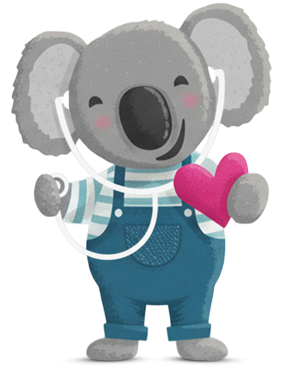 Koala steht und hält ein rosa Herz mit einem Stethoskop