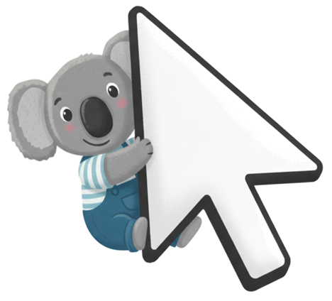Koala hält sich lächelnd an einem großen weißen Mauszeiger-Cursor fest