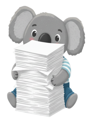 Koala sitzt und hält einen hohen Stapel Papier in den Arme