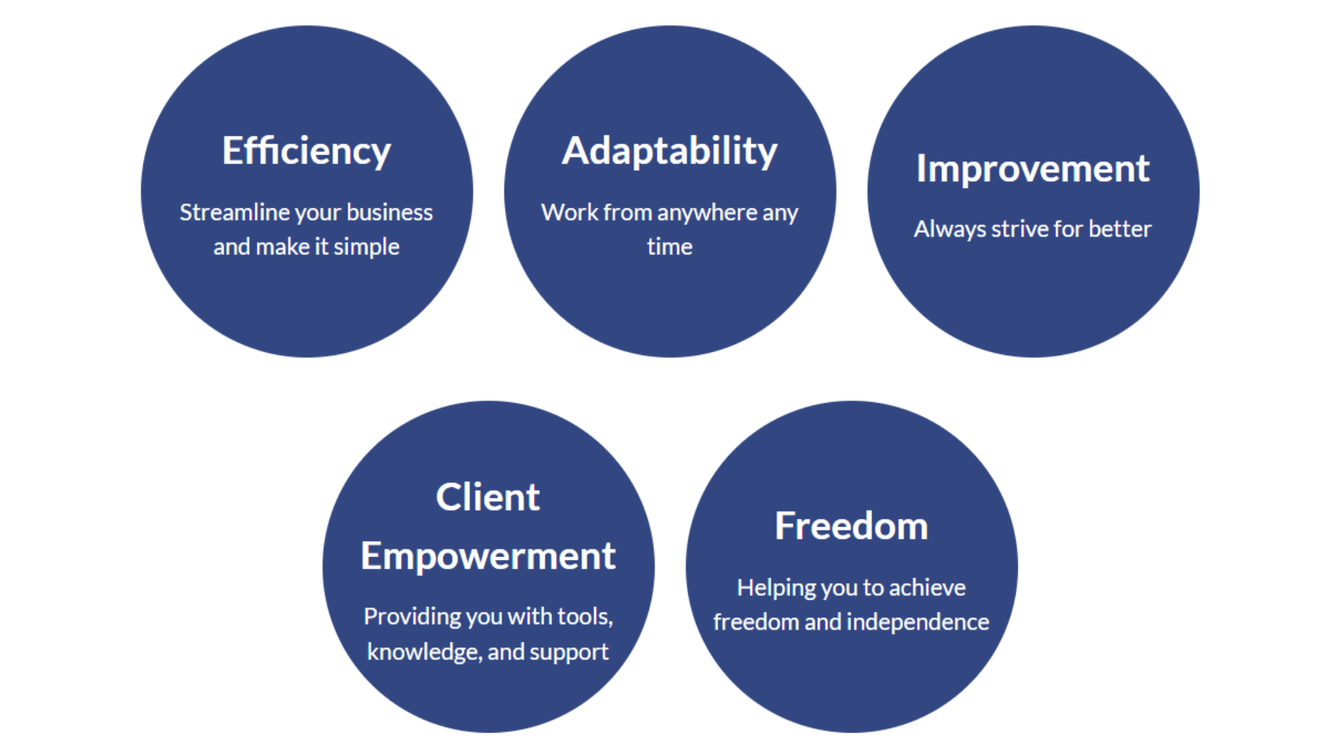 our values - efficiency, adaptability, improvement, client empowerment, Freedom