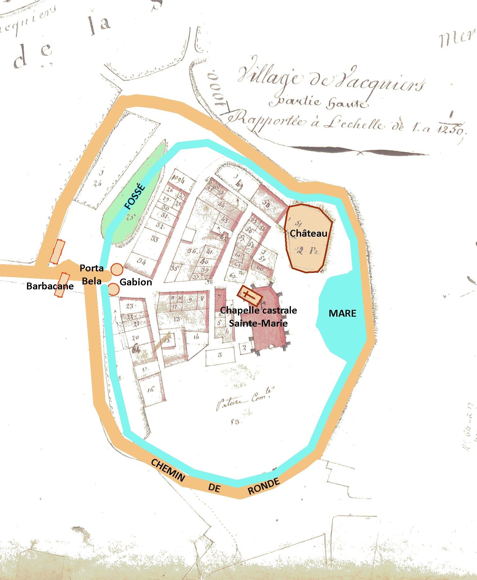Fond de Carte : Archives départementales de la Haute-Garonne -Plans du cadastre napoléonien - Cote : 3 P 5019 Commune : Vacquiers (Haute-Garonne, France) - Section A du Village, 1ère feuille, éch. 1/2500. - 1818 - 1818
