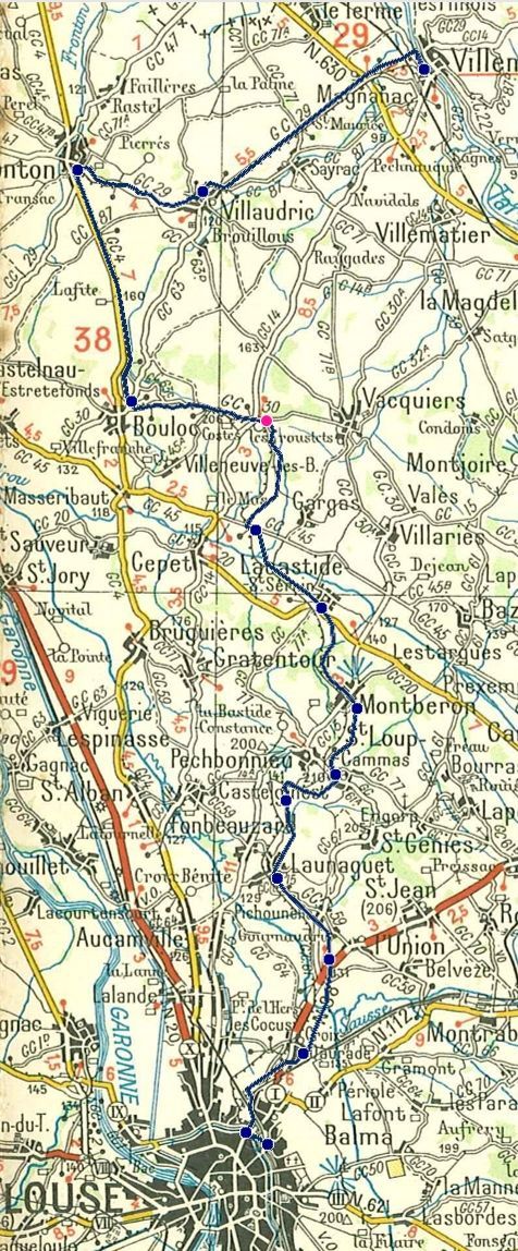 Fond : carte Michelin n° 82 au 1:200.000 (vers 1930)
