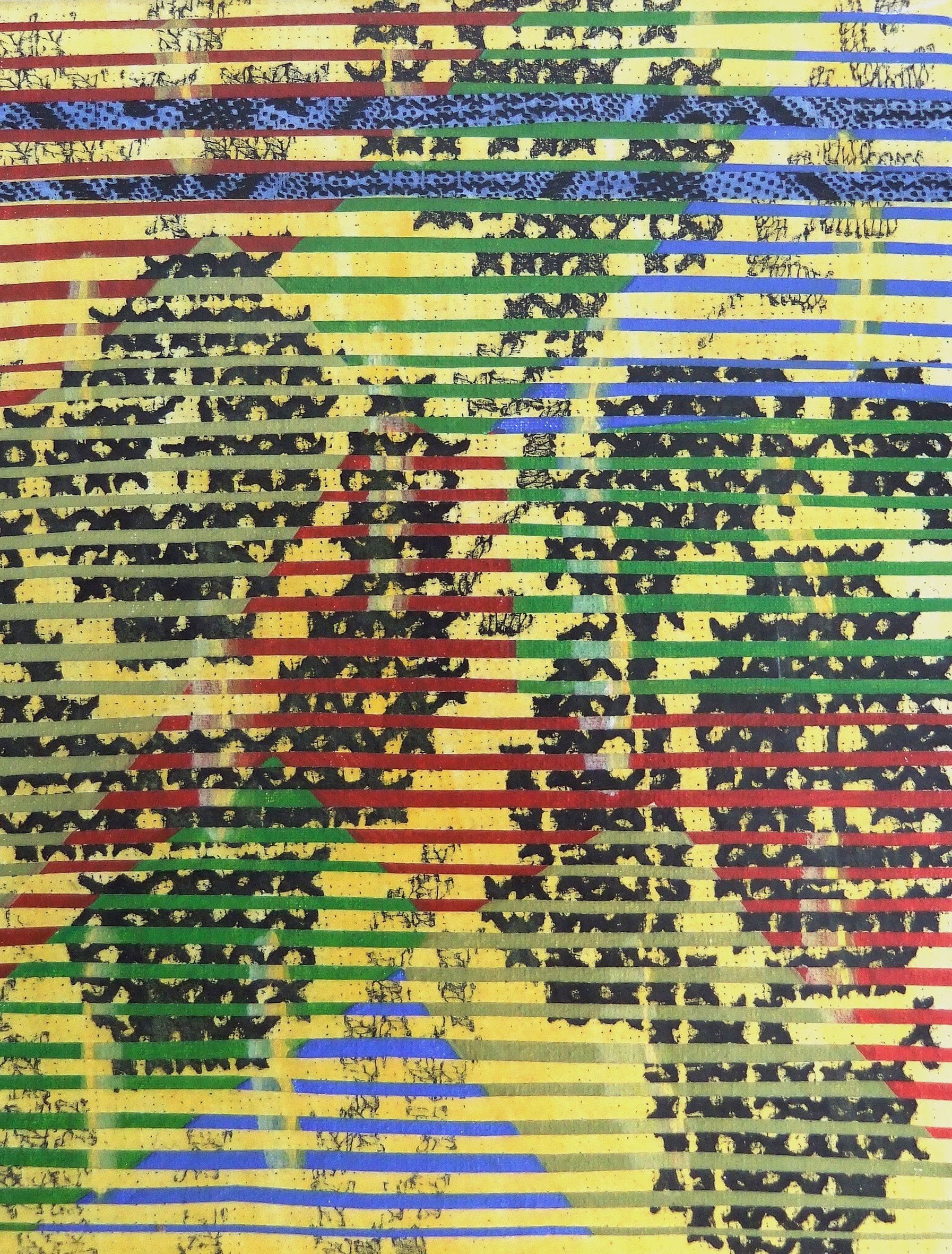 kreuzstich gelb, multituned 18 x24 cm remix black & white fotocopied  textile patterns, acryl  on canvas, 2011 Betty Stürmer, painting, collage