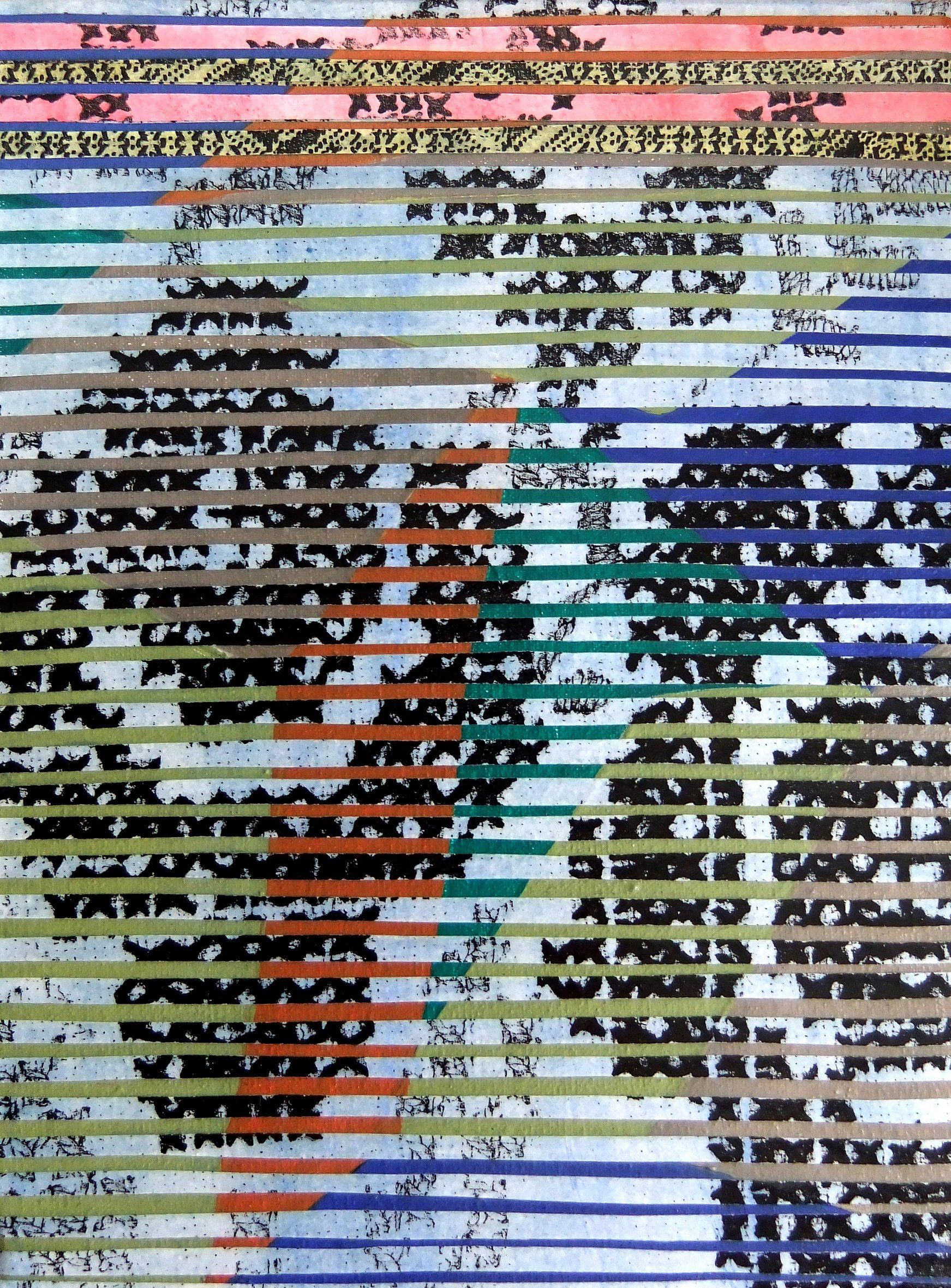 blau rosa kreuzstich, multituned 18 x24 cm remix black & white fotocopied  textile patterns, acryl  on canvas, 2011 Betty Stürmer, painting, collage