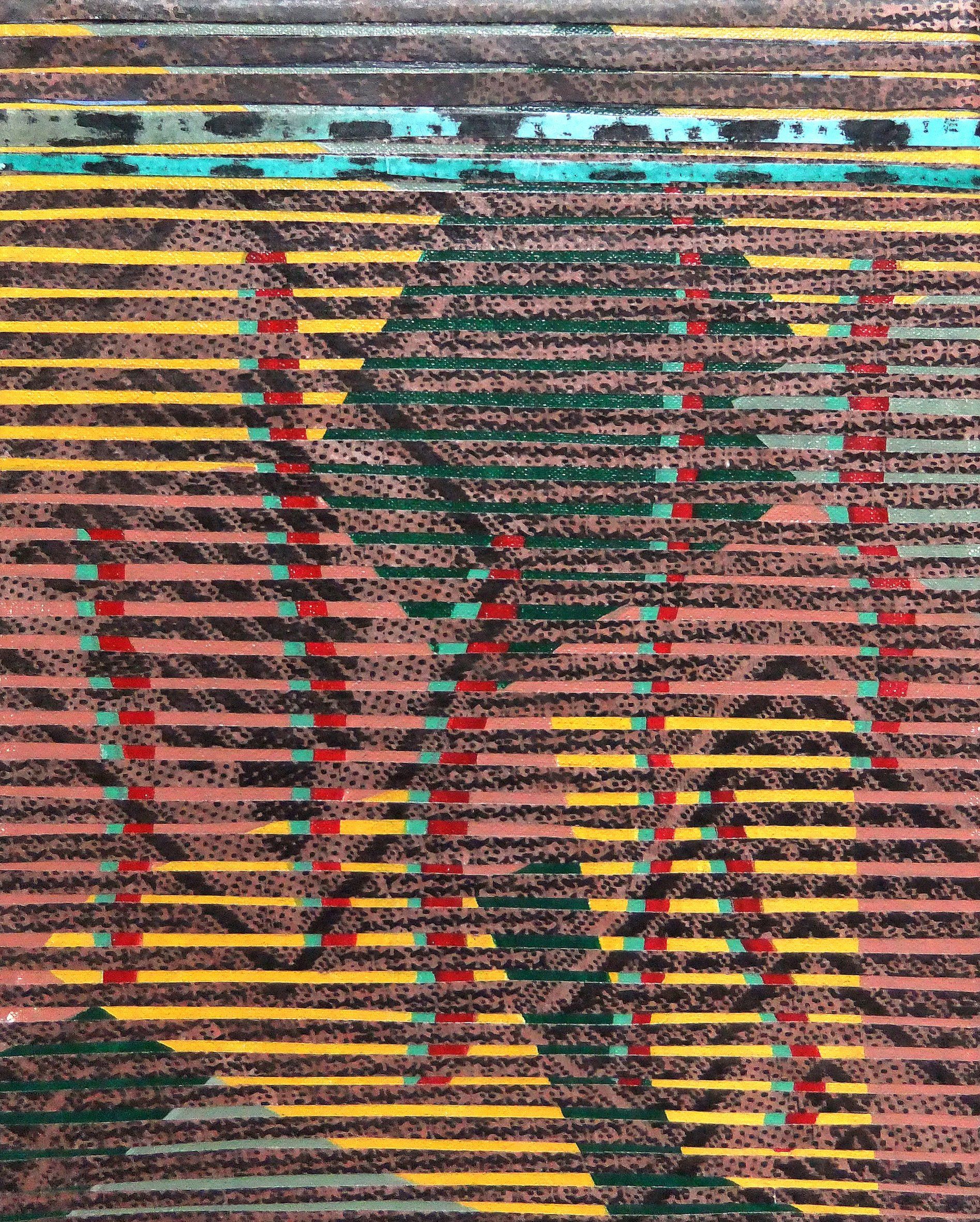 vertical red, multituned 18 x24 cm remix black & white fotocopied  textile patterns, acryl  on canvas, 2011, sold Betty Stürmer, painting, collage