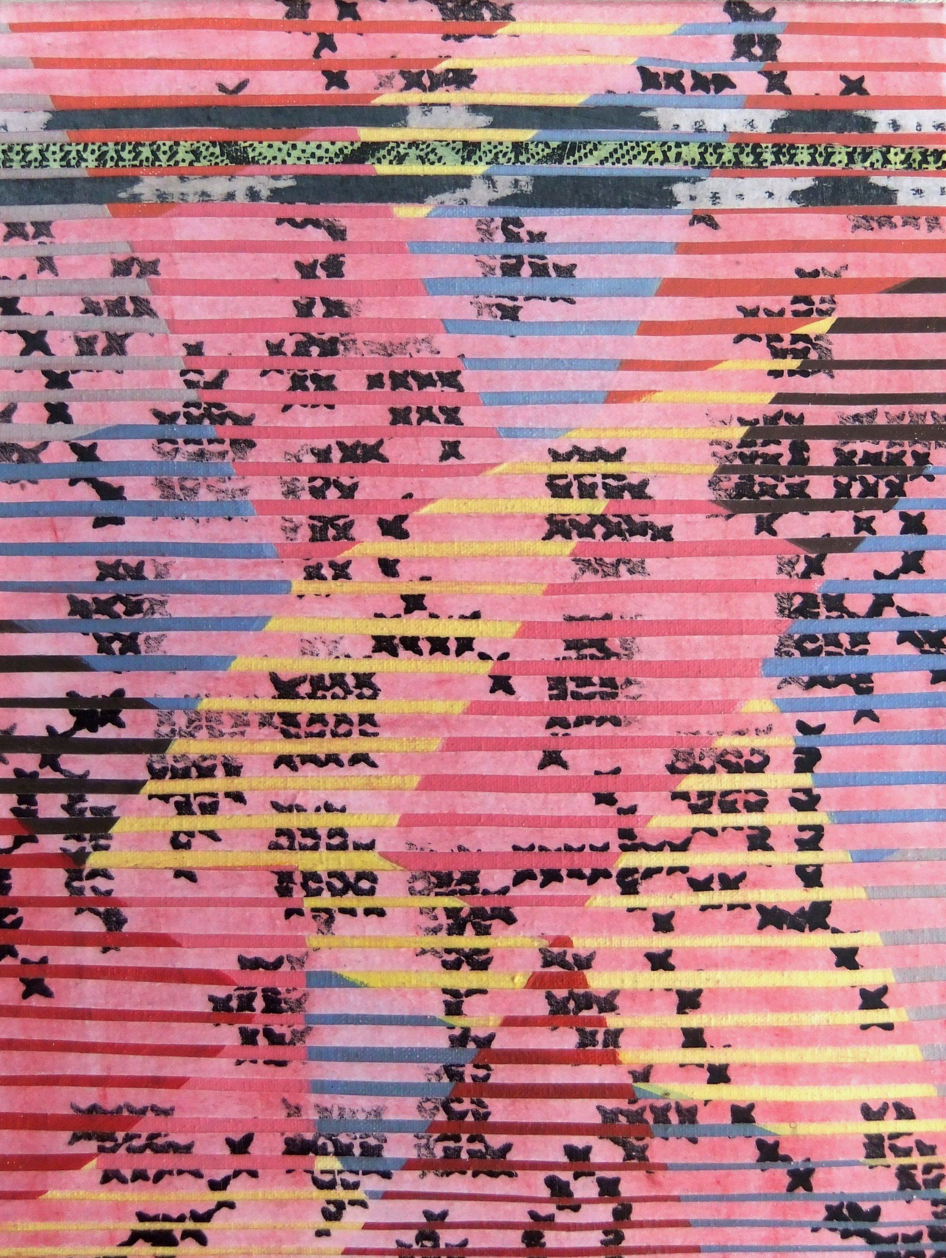 kreuzstich rosa, multituned 18 x24 cm remix black & white fotocopied textile patterns, acryl on canvas, 2011 Betty Stürmer, painting, collage