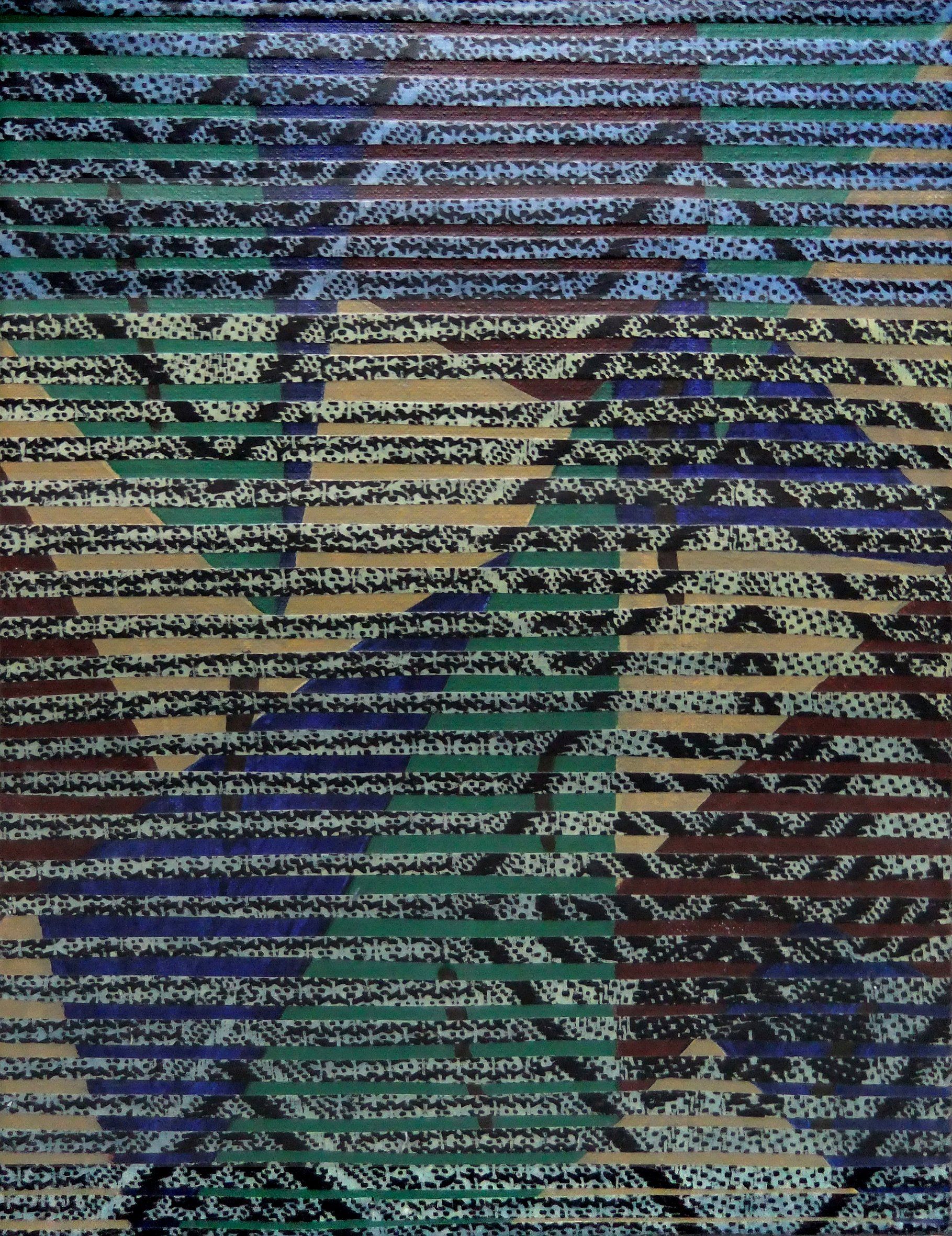 raute blau,kreuzstich grün, multituned 18 x24 cm remix black & white fotocopied textile patterns, acryl on canvas, 2010 Betty Stürmer, painting, collage