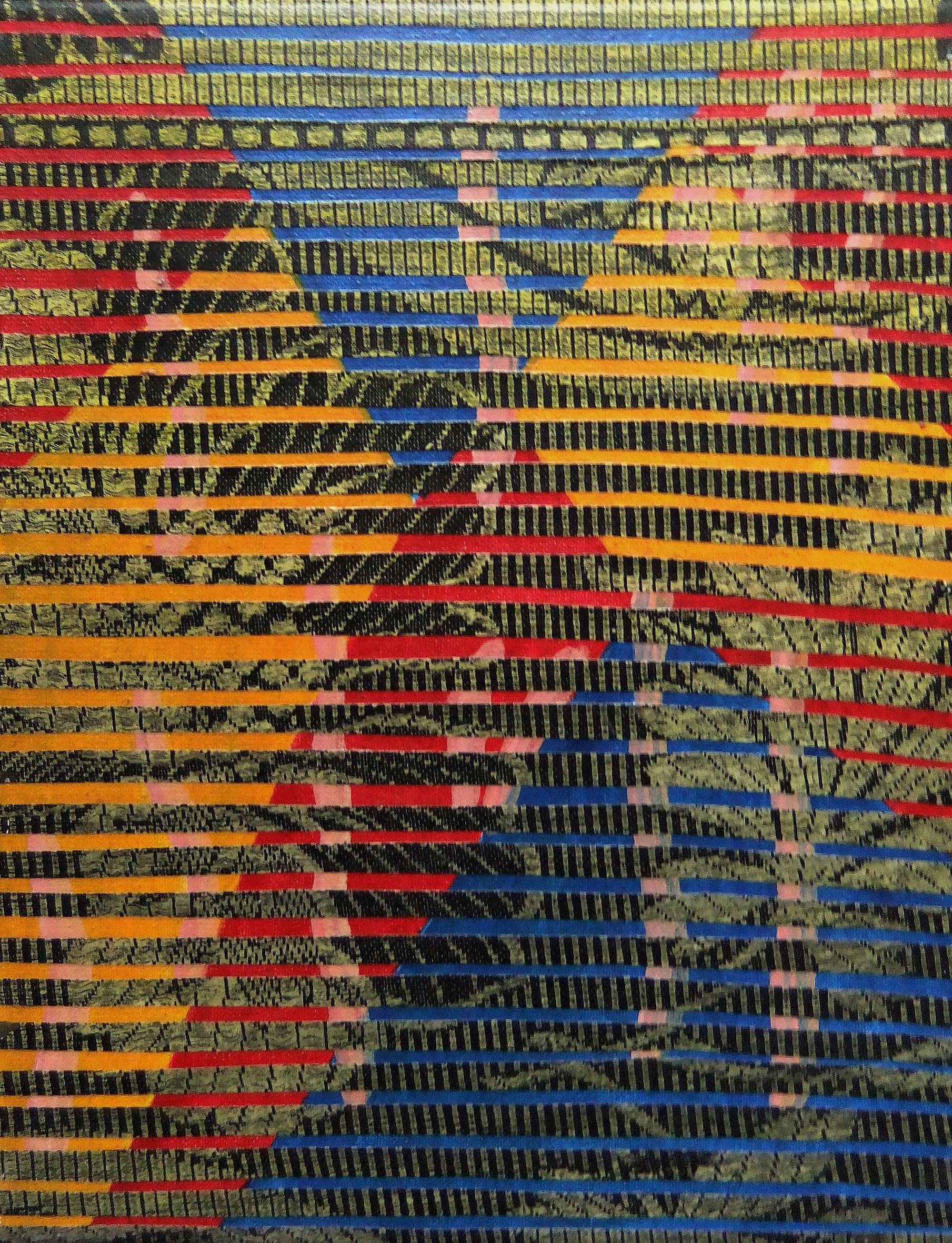 pflanze gelb, multituned 18 x24 cm remix black & white fotocopied textile patterns, acryl on canvas, 2010, sold Betty Stürmer, painting, collage