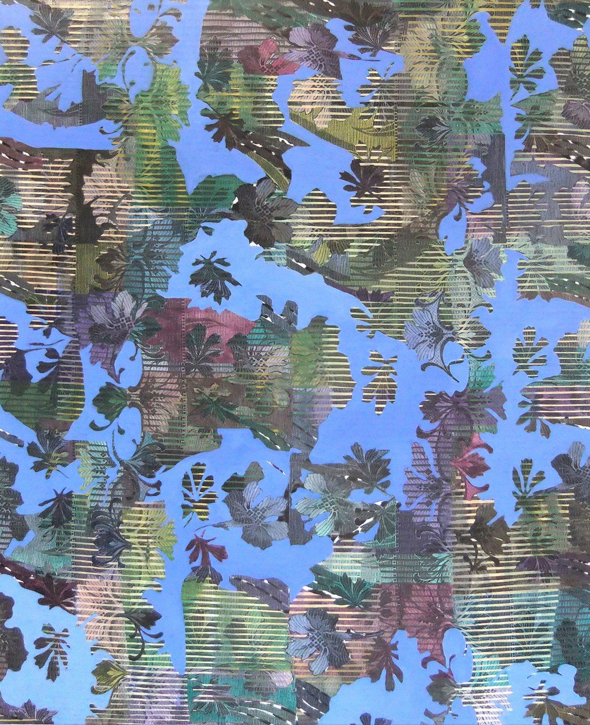 blue sun, 105 x 135 cm, acryl, black & white fotocopy on canvas, 2014, public collection Neuer Berliner Kunstverein, artothek Betty Stürmer, painting, collage, pictures to electronic music, public collection artothek Neuer Berliner Kunstverein, Berlin